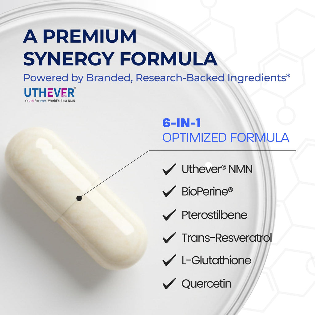 BONE SCIENCE Uthever NMN & Pterostilbene 6-in-1 Complex with Resveratrol, Glutathione & BioPerine - High Purity Stabilized NAD+ Precursor for Healthy Aging & Cellular Energy - 60 Vegetarian Capsules BONE SCIENCE Au supplements
