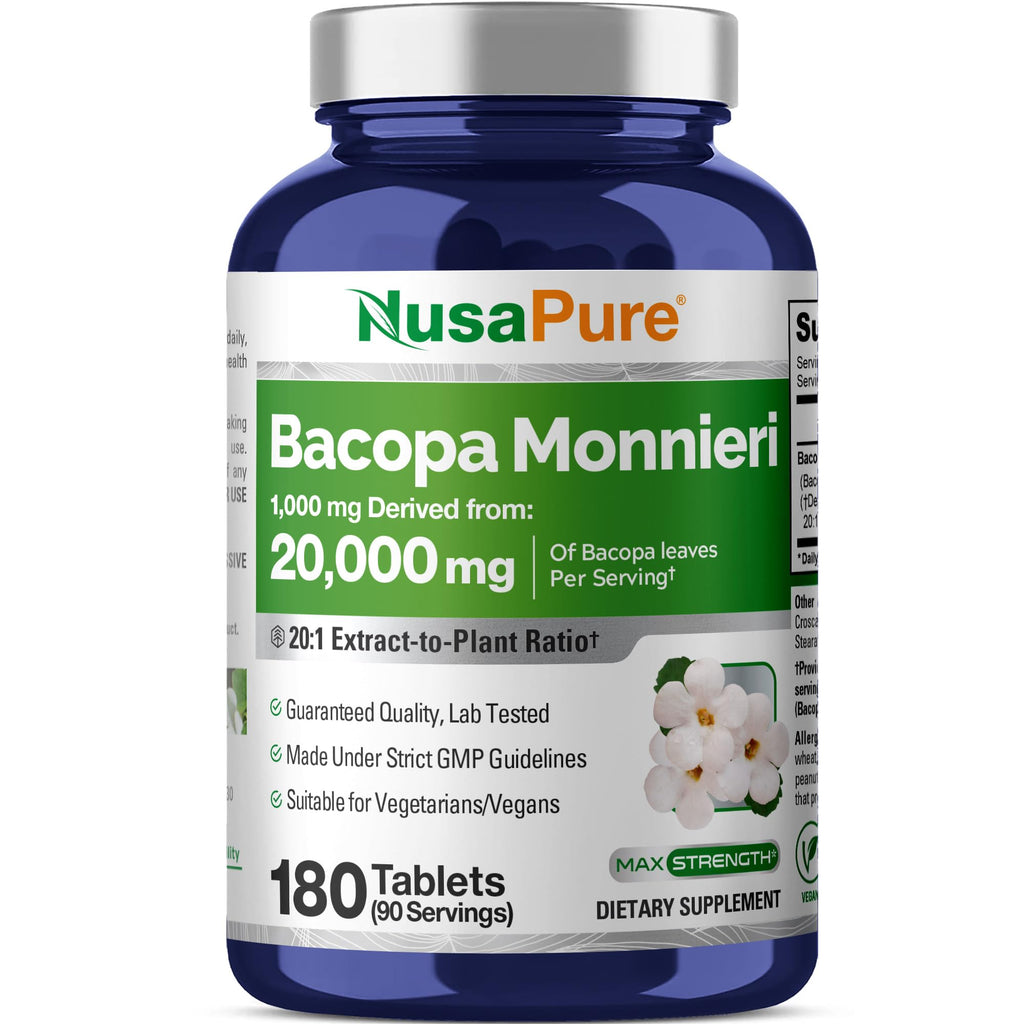 NusaPure Bacopa Leaf Monnieri Extract 20,000 mg 180 Tablets (Extract 20:1, Non-GMO, Gluten Free & Vegan) NusaPure Au supplements