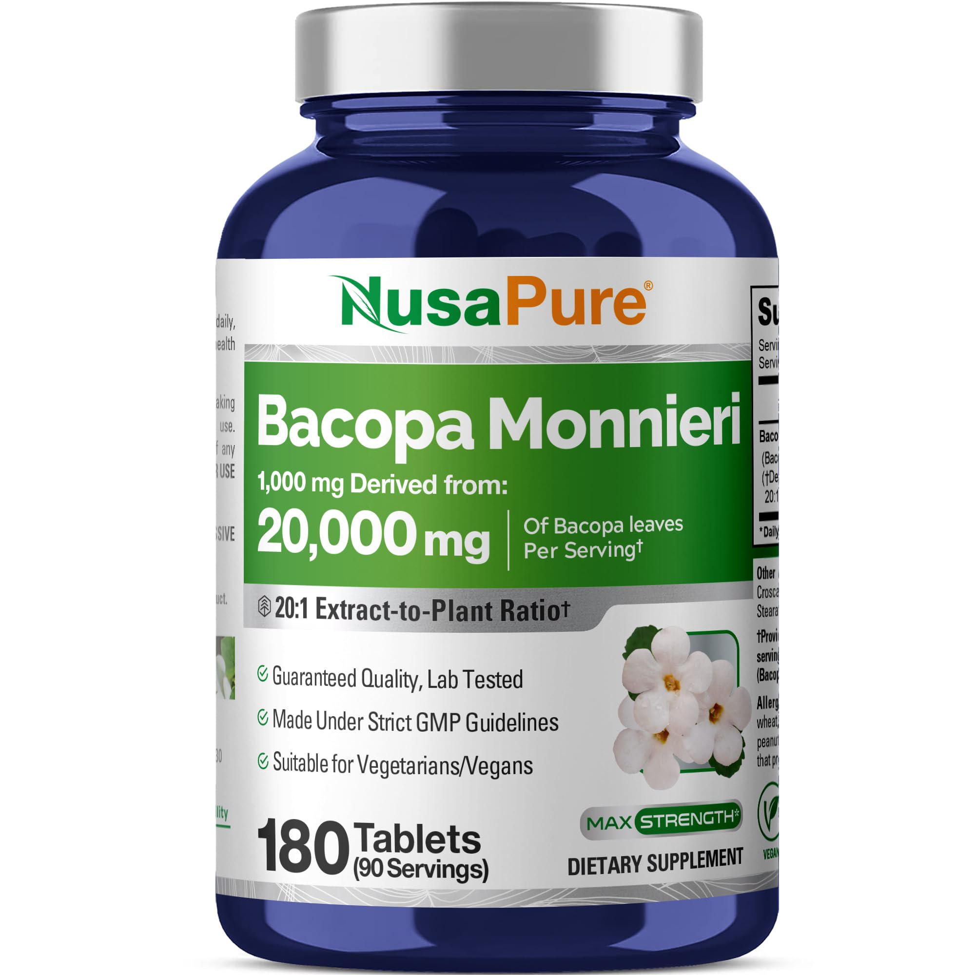NusaPure Bacopa Leaf Monnieri Extract 20,000 mg 180 Tablets (Extract 20:1, Non-GMO, Gluten Free & Vegan) NusaPure Au supplements