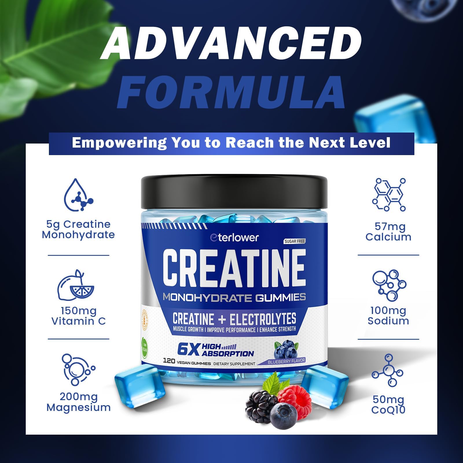 eterlower Creatine Monohydrate Gummies 5g – Pre-Workout Energy & Muscle Growth Support for Men & Women | Blueberry Electrolyte Gummies, 120 Count