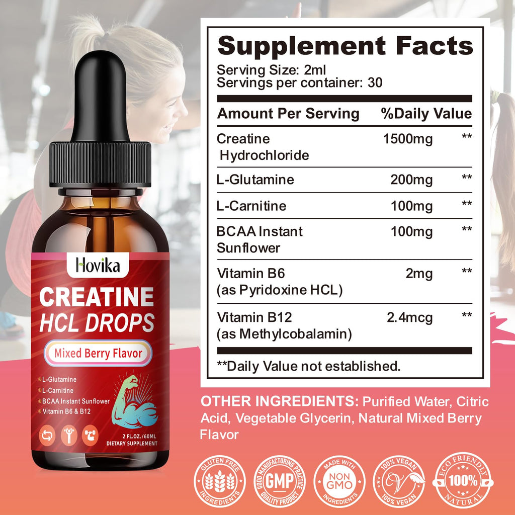 Creatine HCL Liquid Drops for Men & Women, Creatine Hydrochloride with L-Carnitine, L-Glutamine, BCAA, Vitamin B12 & B6 for Muscle Growth & Recovery-Vegan, Mixed Berry Flavor Flavor, 2 Fl Oz Hovika Au supplements