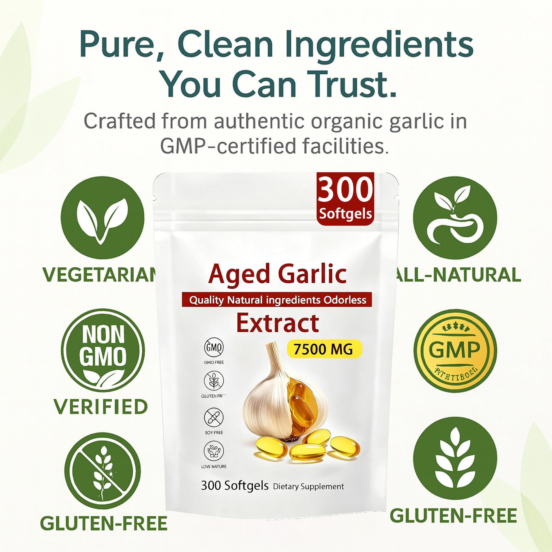 Aged Garlic Extract – 300 Count Odorless Garlic Supplement for Heart & Immune Support – Non-GMO, All-Natural Softgels, 2-Year Matured for Antioxidant Wellness (1)