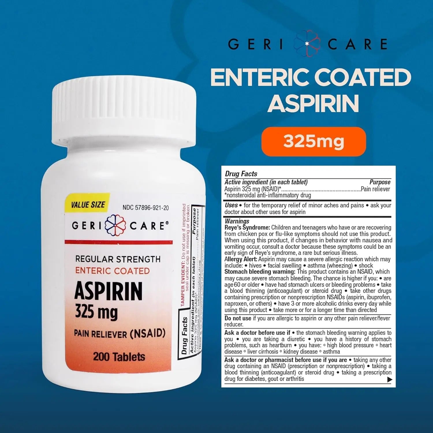 GeriCare Enteric Coated Aspirin Tablets 325mg (200 Count) NSAID Pain Reliever & Fever Reducer for Adults- Regular Strength Aspirin for Headache Arthritis Menstrual & Muscle Pain GeriCare Au supplements