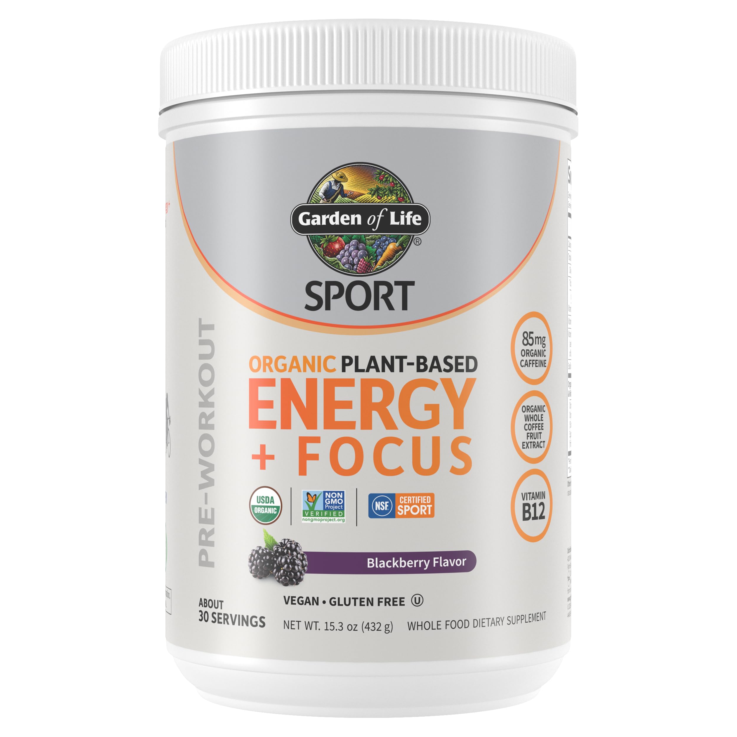 Garden of Life Sport Organic Plant Based Energy + Focus Clean Pre Workout Powder, with 85mg Caffeine, Natural No Booster, B12, Vegan, Gluten Free, Non-GMO, BlackBerry, 15.3 Oz Garden of Life Au supplements