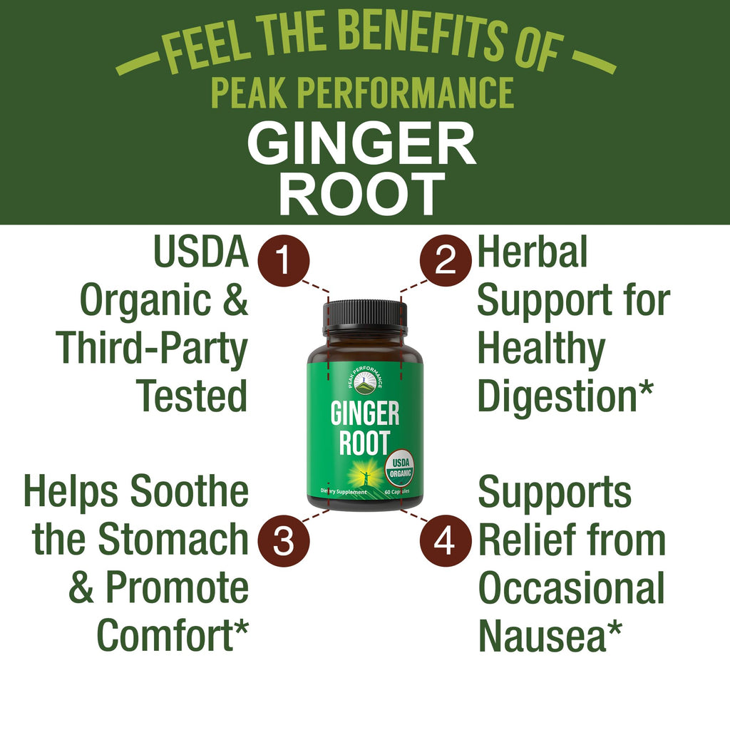 Peak Performance USDA Organic Ginger Root Capsules. Vegan Ginger Pills Supplement for Women & Men to Support Digestion, Occasional Nausea Relief, Gas & Bloat Support, and Gentle Stomach Comfort Peak Performance Au supplements