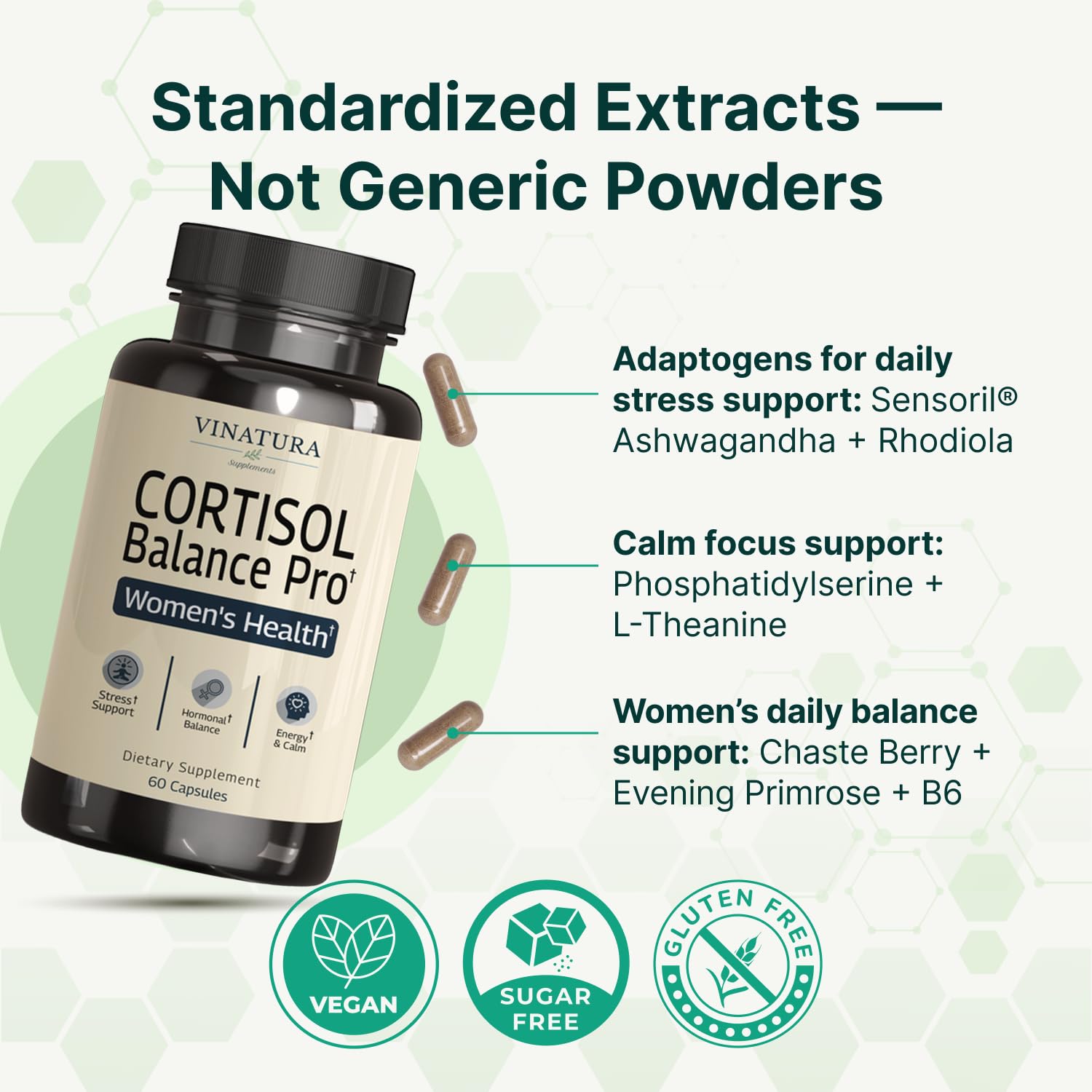 VINATURA Cortisol Supplements for Women - Cortisol Detox and Management - Adrenal Support, Stress Support, 60 Vegan Capsules VINATURA Au supplements