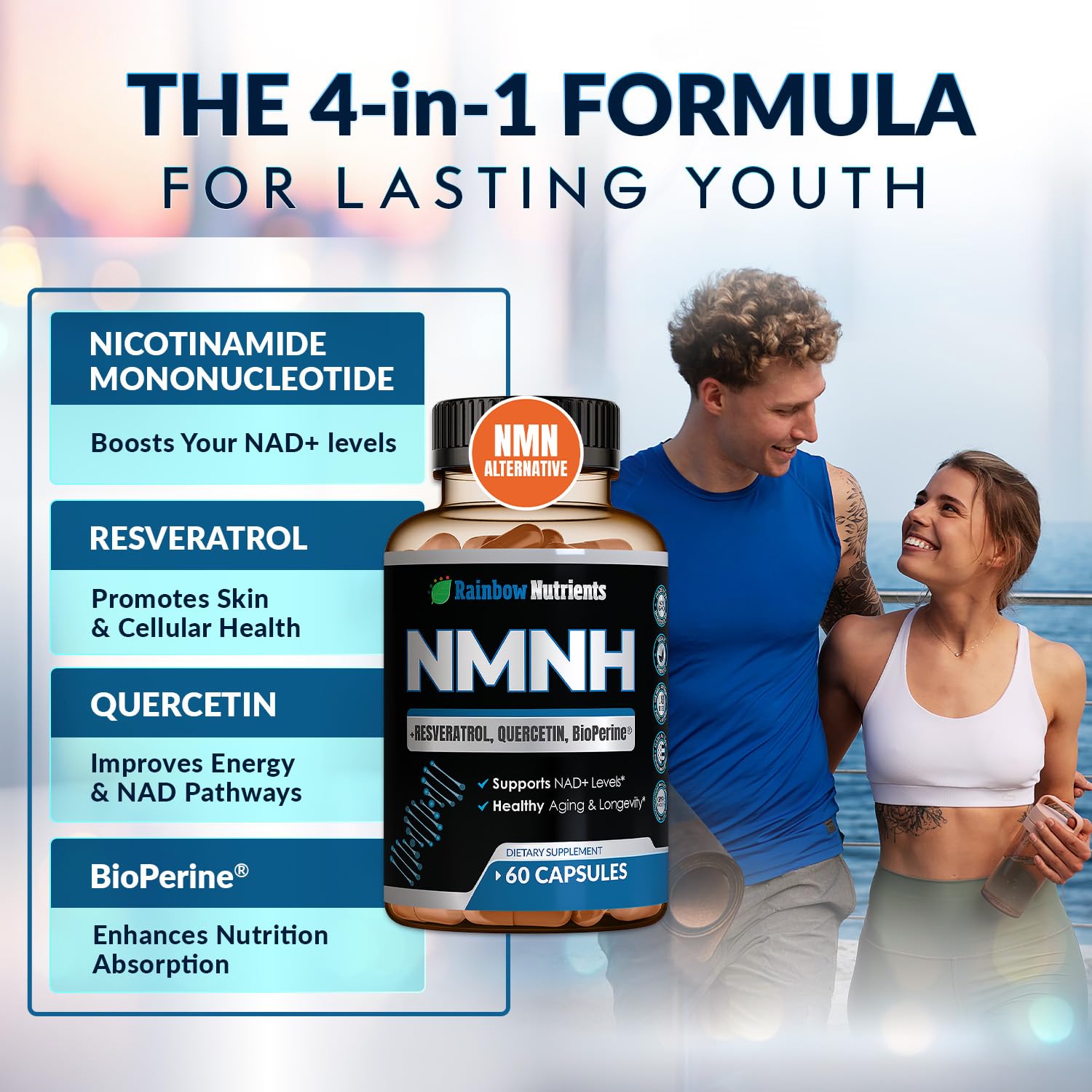 NMNH Supplement (NMN Alternative) NAD Booster for Anti-Aging, Cellular Energy & Nice Skin- Dihydronicotinamide mononucleotide, Resveratrol, Quercetin & BioPerine® for Max Absorption- 60 caps Rainbow Nutrients, LLC Au supplements