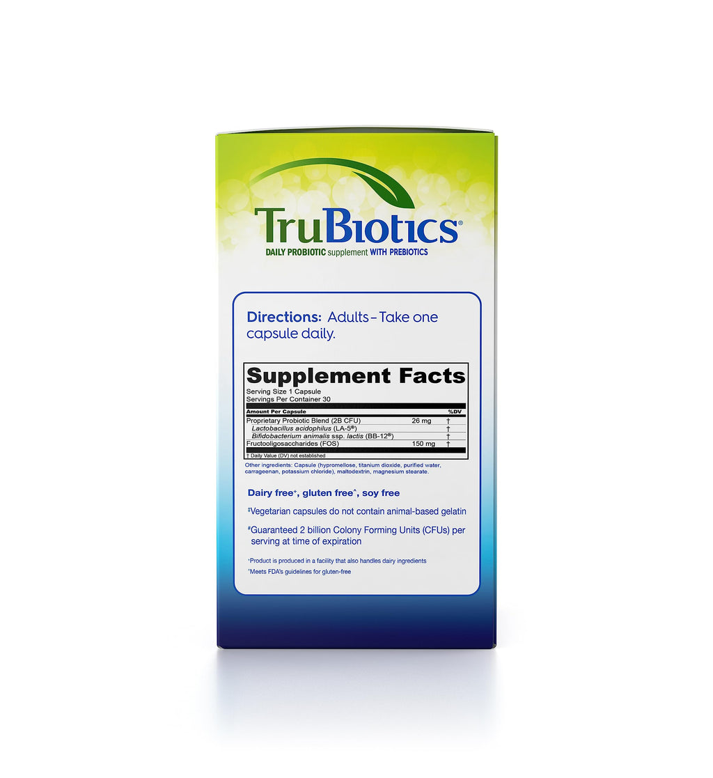 TruBiotics Probiotics for Digestive & Immune Health, Supports Regularity & Helps Relieve Abdominal Discomfort, Gas & Bloating, 2 Clinically Studied Probiotic Strains, Plus Prebiotics, 30 Capsules TruBiotics Au supplements