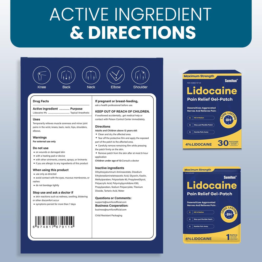 Sumifun 4% Lidocaine Pain Relief Patches 30 Count Maximum Strength Numbing Gel Patch for Back Knee Neck Joint Ache Muscle Soreness Topical Analgesic Sumifun Au supplements