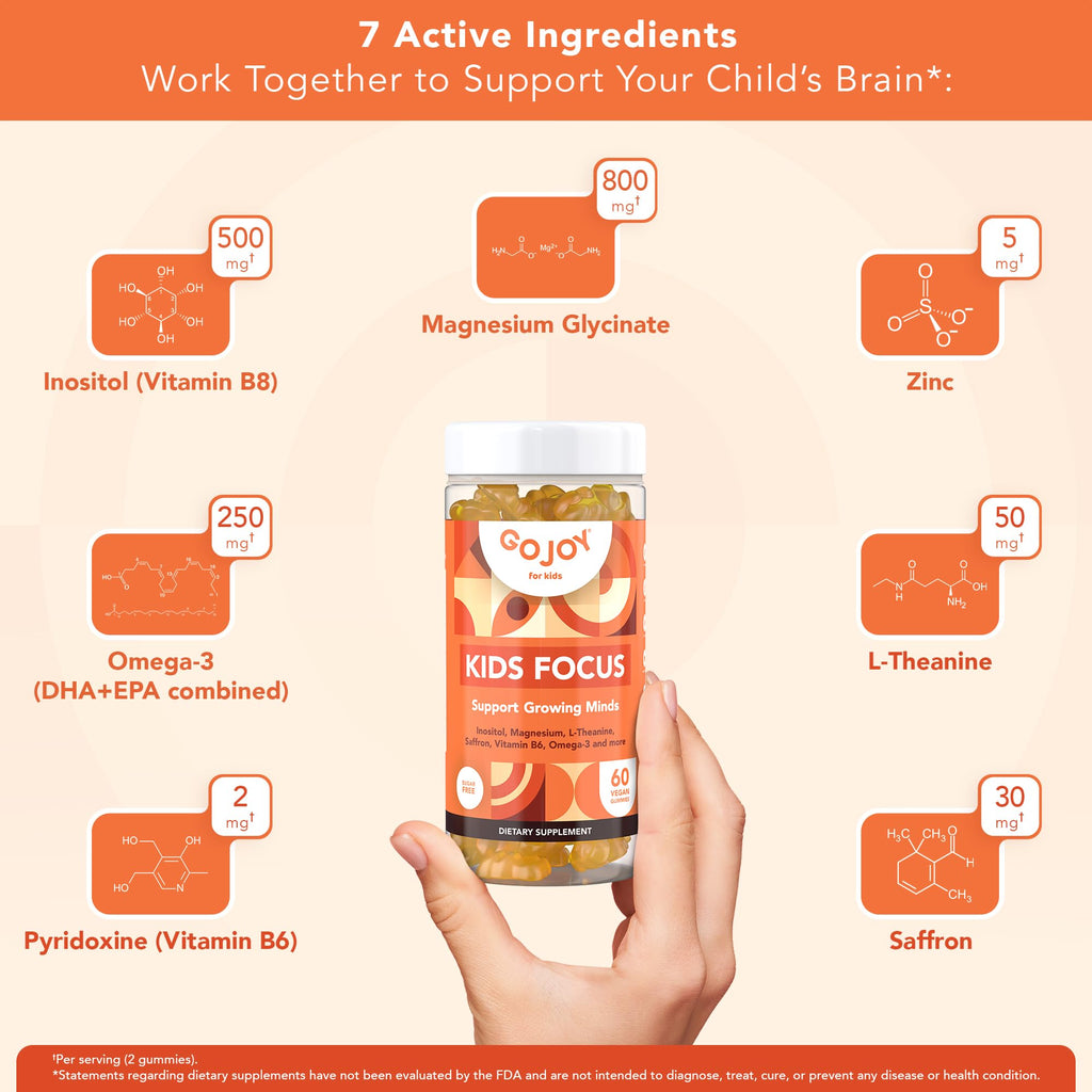 GOJOY NATURALS Kids Focus Gummies – Saffron, Magnesium Glycinate, L-Theanine & Inositol Supplement for Kids & Teens – Focus