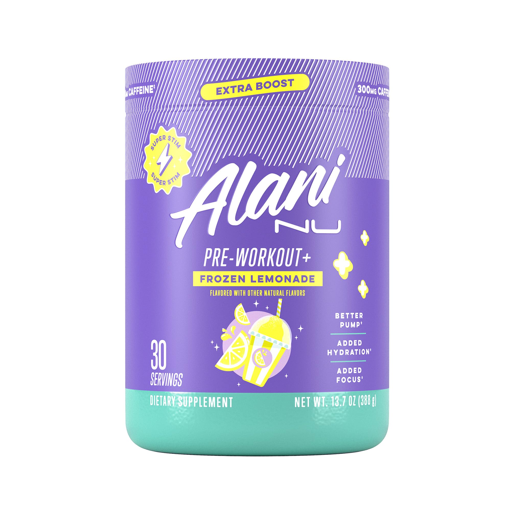 Alani Nu Pre Workout+ Powder Frozen Lemonade, Extra Boost, Sugar Free, 300mg Caffeine, L-Theanine, Beta-Alanine, Citrulline, 30 Servings