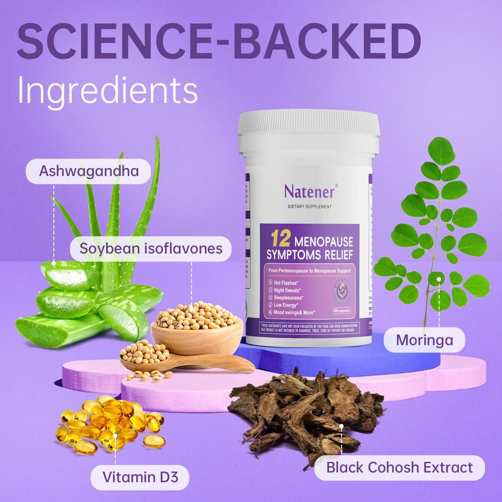 Natener Menopause Supplement for Women, Relieves 12 Menopausal Symptoms* | Black Cohosh + Soy Isoflavones + Ashwagandha + Moringa | for Alleviate Hot Flashes*, Night Sweats*, Weight* & Mood Swings* Natener Au supplements
