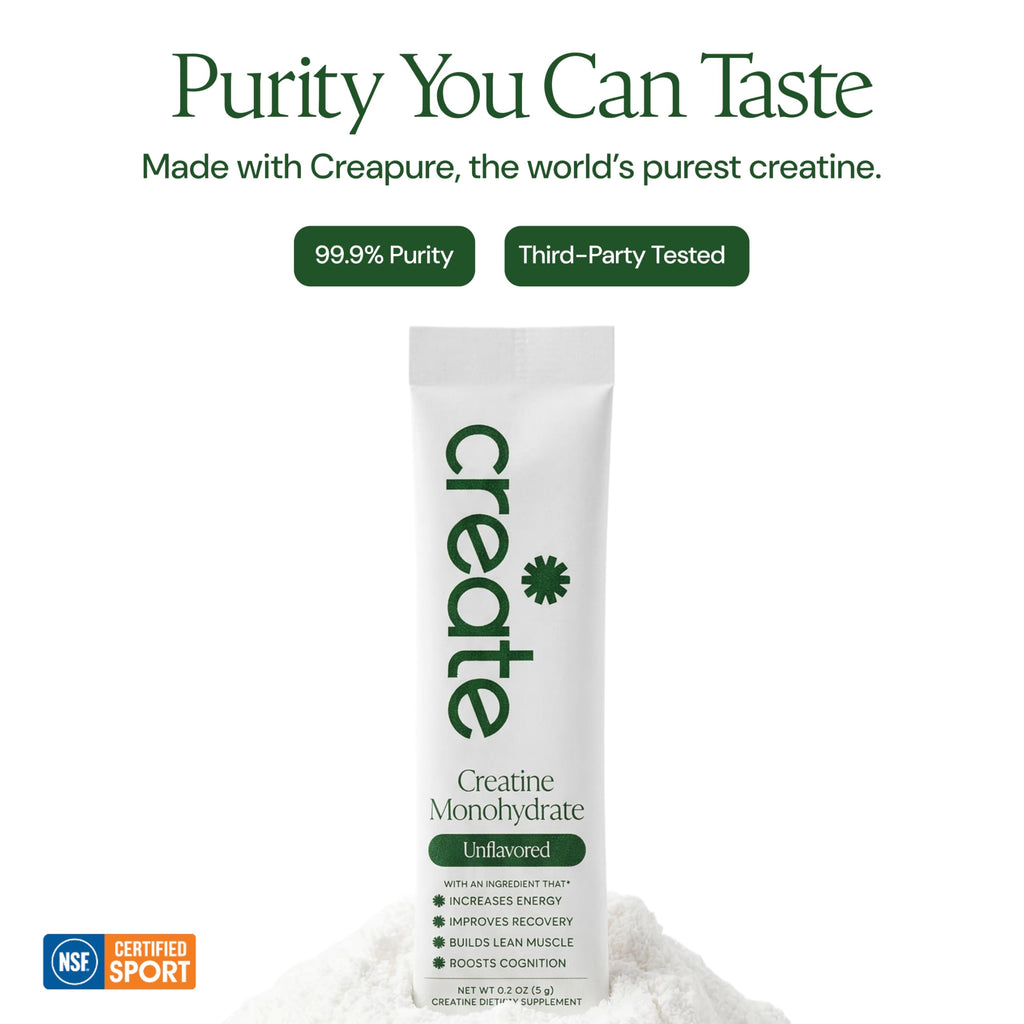Create Creatine Monohydrate Powder - Creatine Travel Packets, Made with Creapure, 3rd Party Tested & NSF Certified for Sport, 30 Stick Packs, Unflavored
