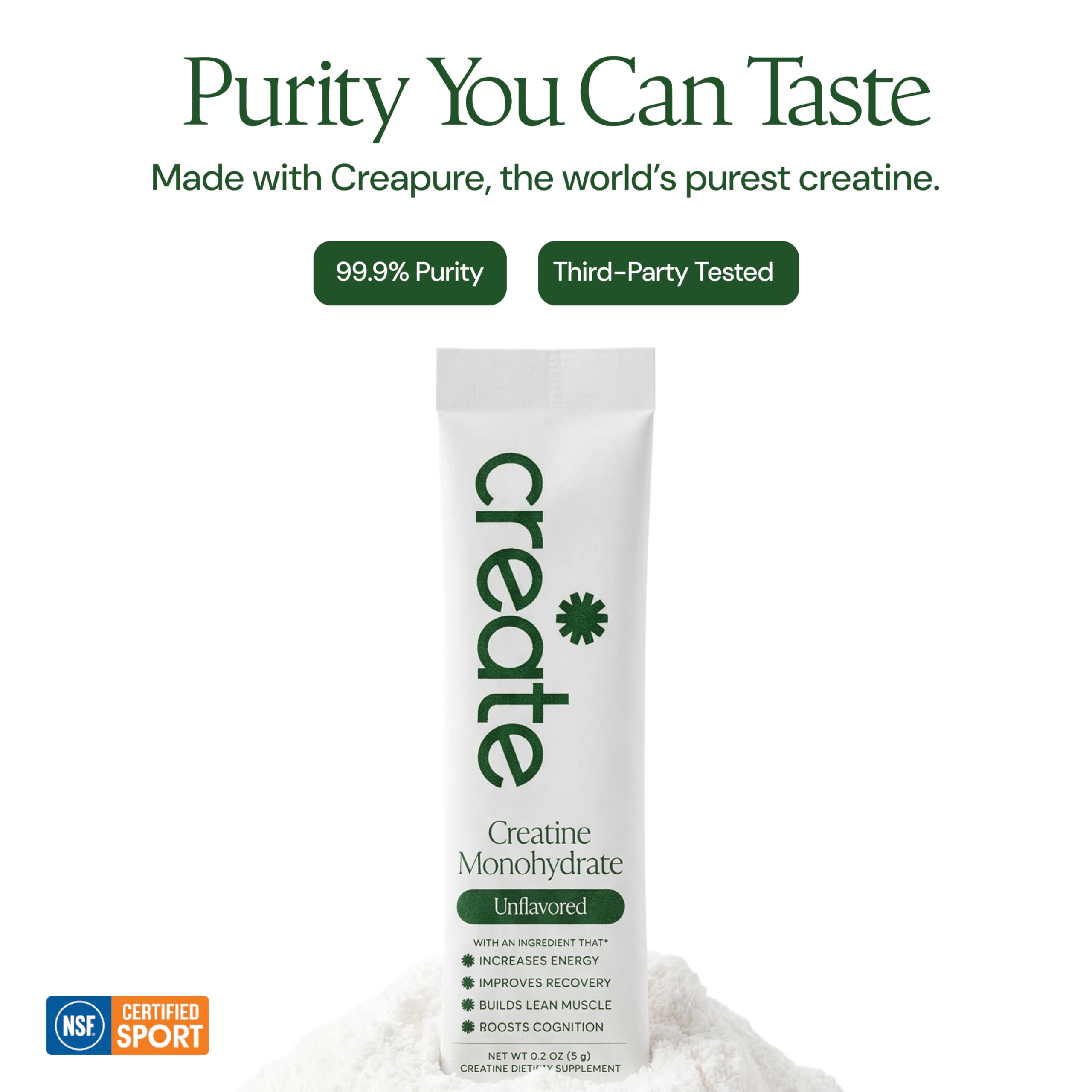 Create Creatine Monohydrate Powder - Creatine Travel Packets, Made with Creapure, 3rd Party Tested & NSF Certified for Sport, 30 Stick Packs, Unflavored