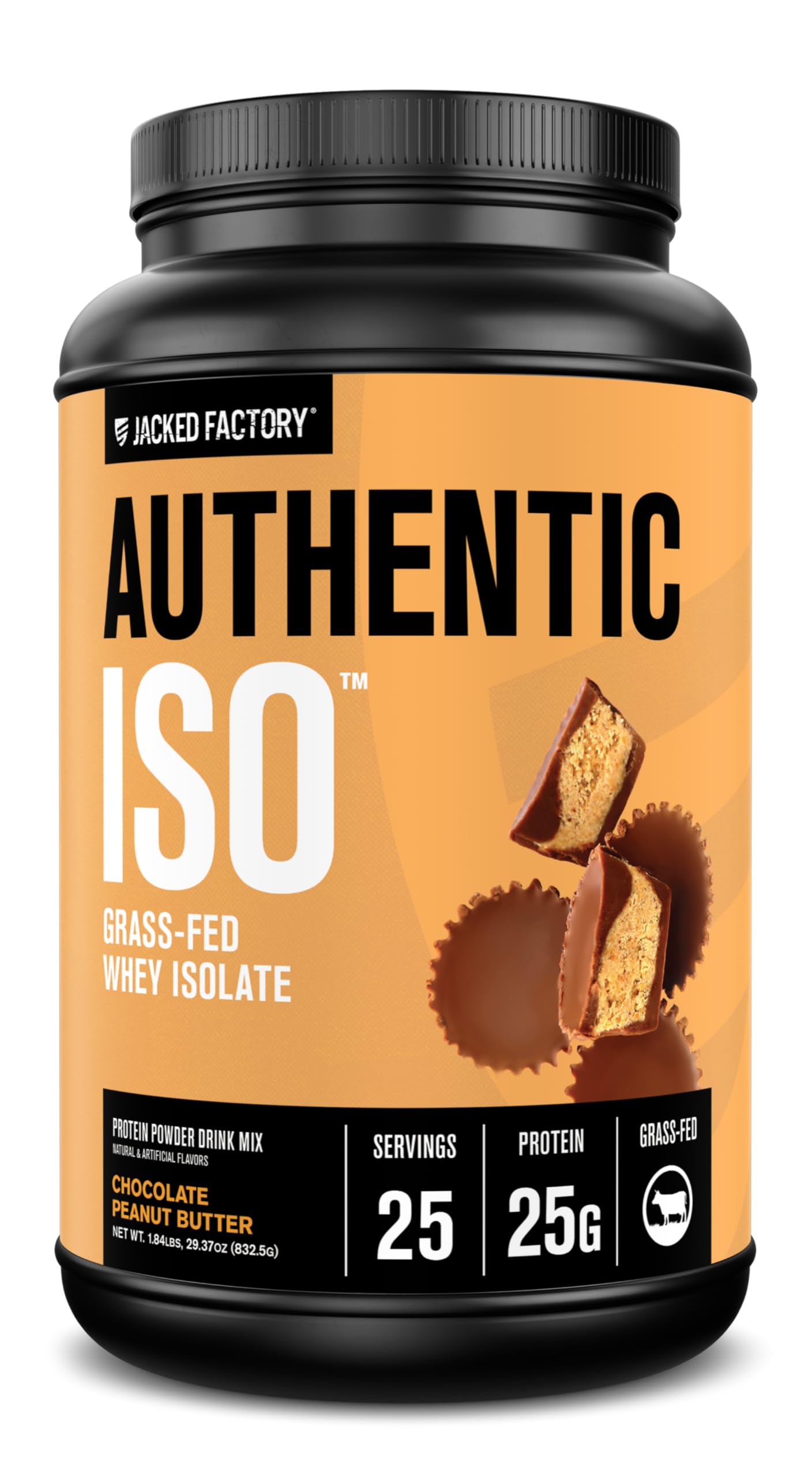 Jacked Factory Authentic ISO Grass Fed Whey Protein Isolate Powder - Low Carb, Non-GMO Muscle Building Protein w/No Fillers, Post Workout Recovery, Chocolate Peanut Butter - 25 Servings