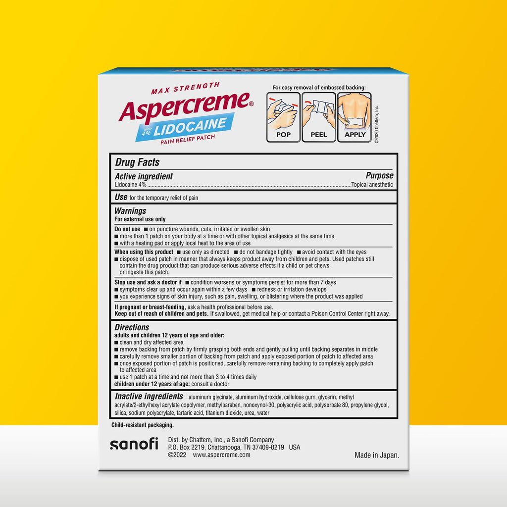 Aspercreme Lidocaine Pain Relief Patch XL for Back, Neck & Shoulder Pain, Topical Patches with Max-Strength 4% Lidocaine & Flexible Fabric Numbs Away Pain, 3 Ct. Aspercreme Au supplements