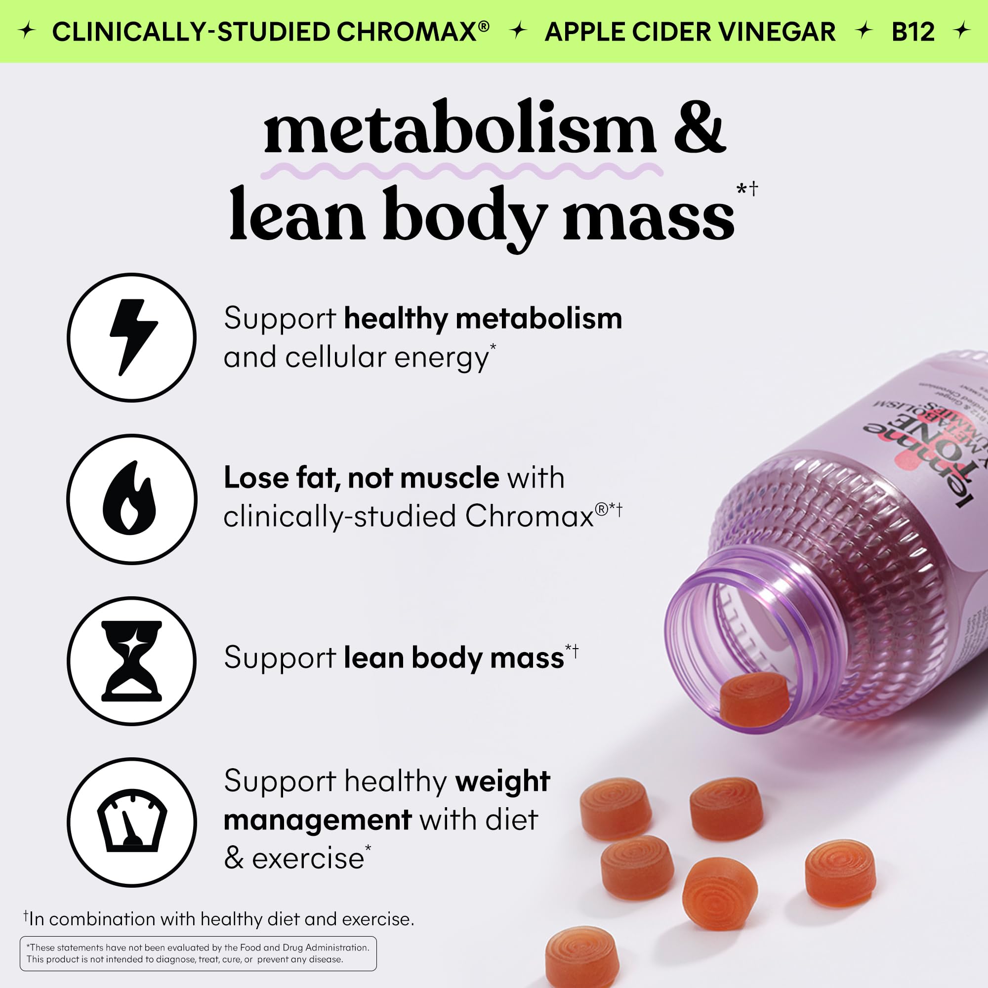 Lemme Tone Metabolism Gummies, Apple Cider Vinegar, Clinically Studied Chromium, B12, Ginger Root Extract, Promote Lean Body Mass