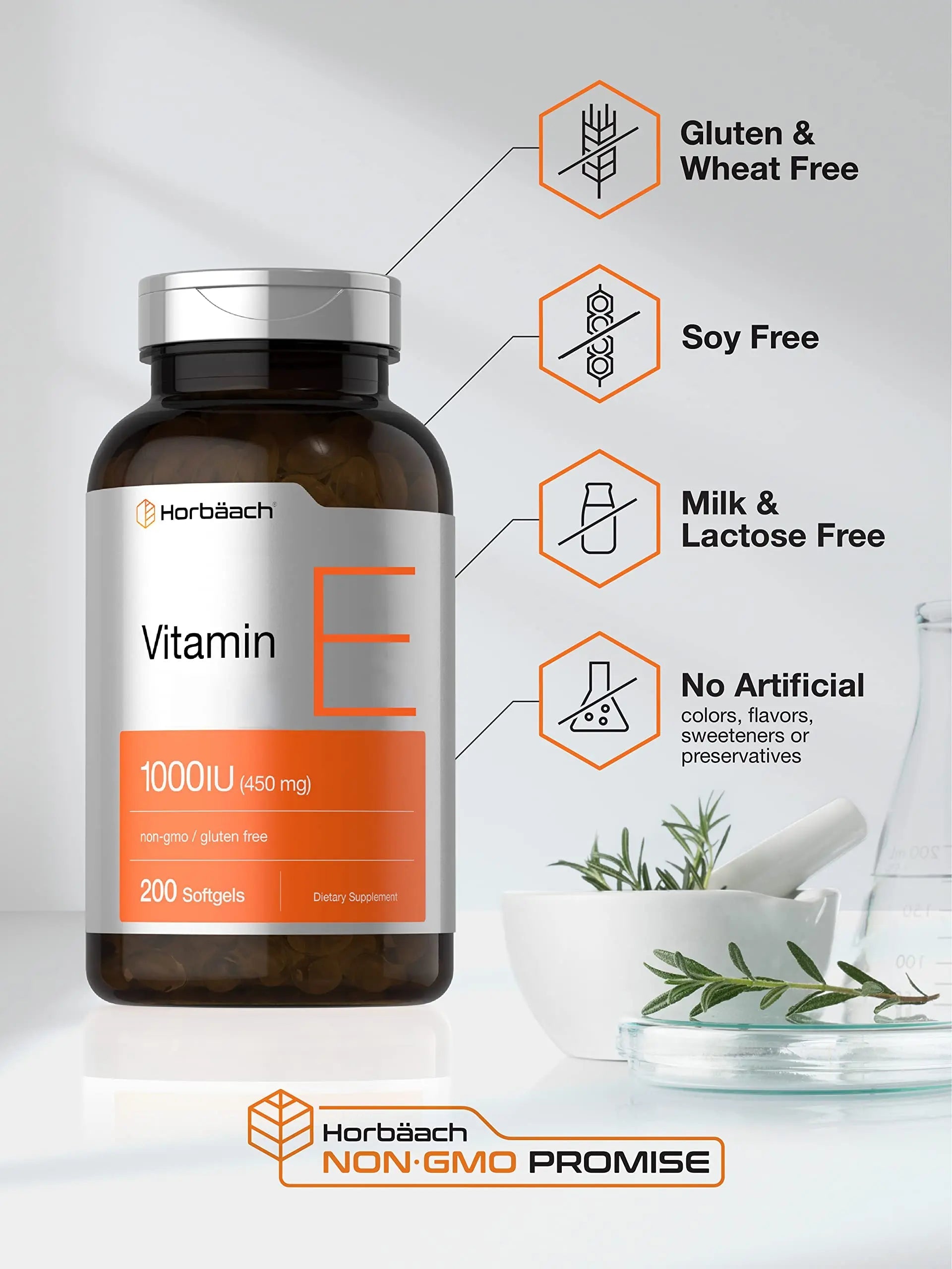 Vitamin E 1000 IU Softgel Capsules | 200 Count | Non-GMO, Gluten Free, Preservative Free Horbäach Au supplements