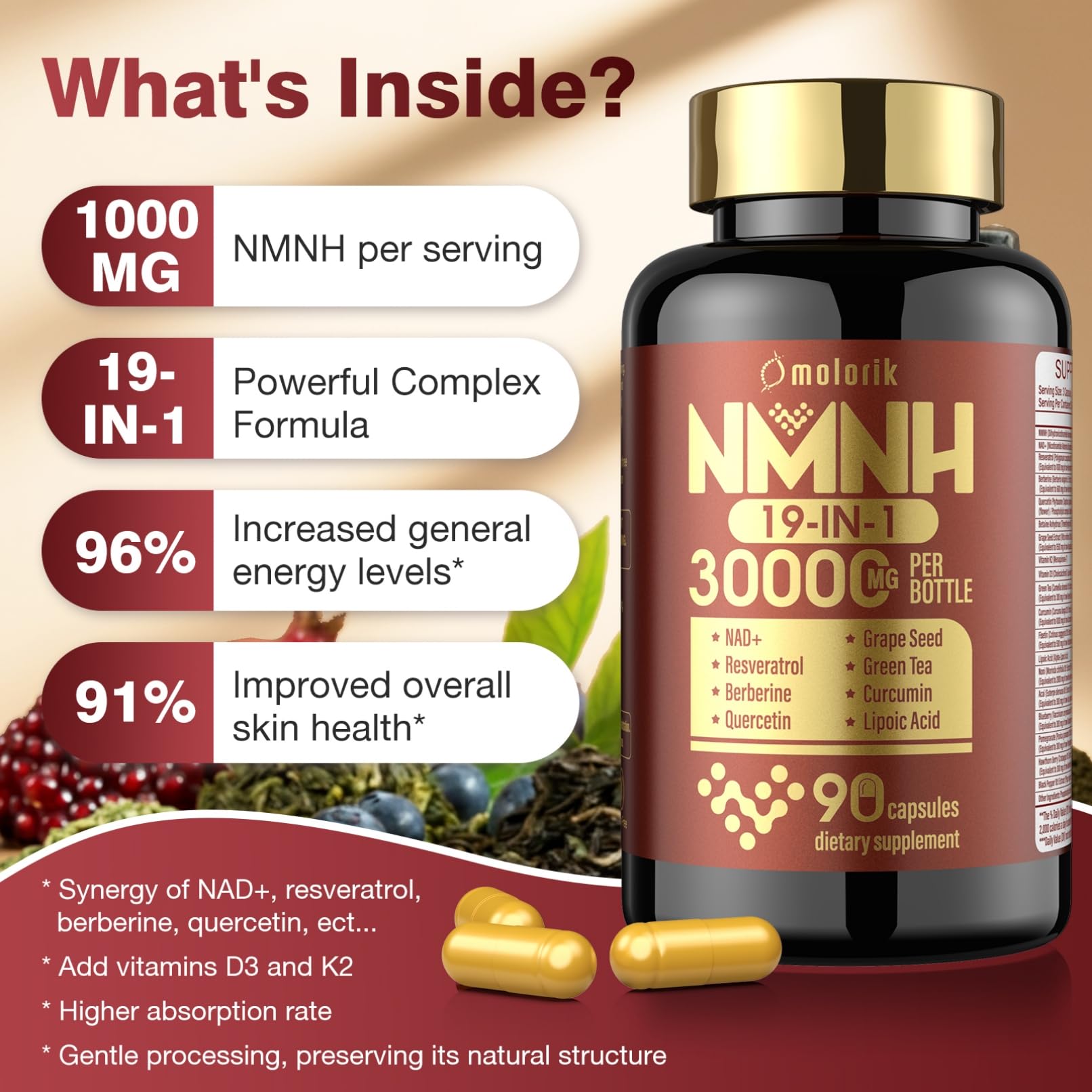 19 in 1 NMNH (Dihydronicotinamide Mononucleotide) 1000mg Per Serving, Nad Supplement Boost NAD+ Levels Nad Resveratrol Supplement with Quercetin, Vitamin D3 K2, Healthy Aging, Energy, 90 Capsules molorik pure Au supplements