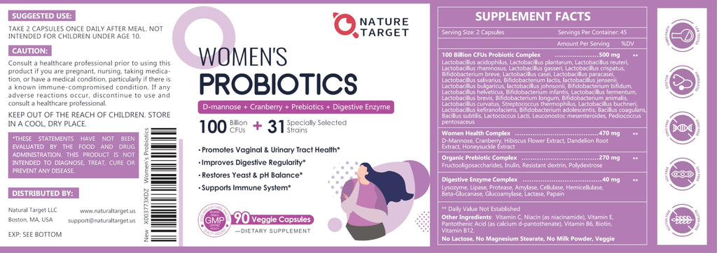 NATURE TARGET Probiotics for Women, 100 Billion CFUs Probiotic with Digestive Enzymes & Prebiotics, Vaginal Probiotics with Cranberry for Urinary Tract Health