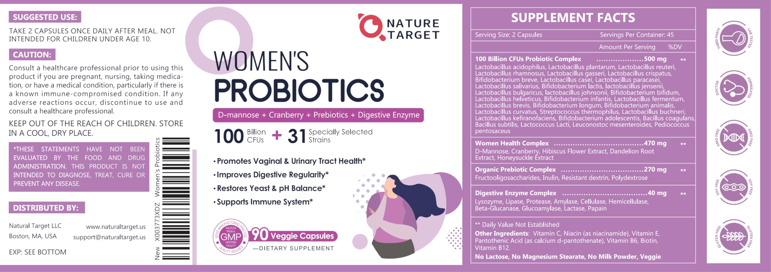 NATURE TARGET Probiotics for Women, 100 Billion CFUs Probiotic with Digestive Enzymes & Prebiotics, Vaginal Probiotics with Cranberry for Urinary Tract Health