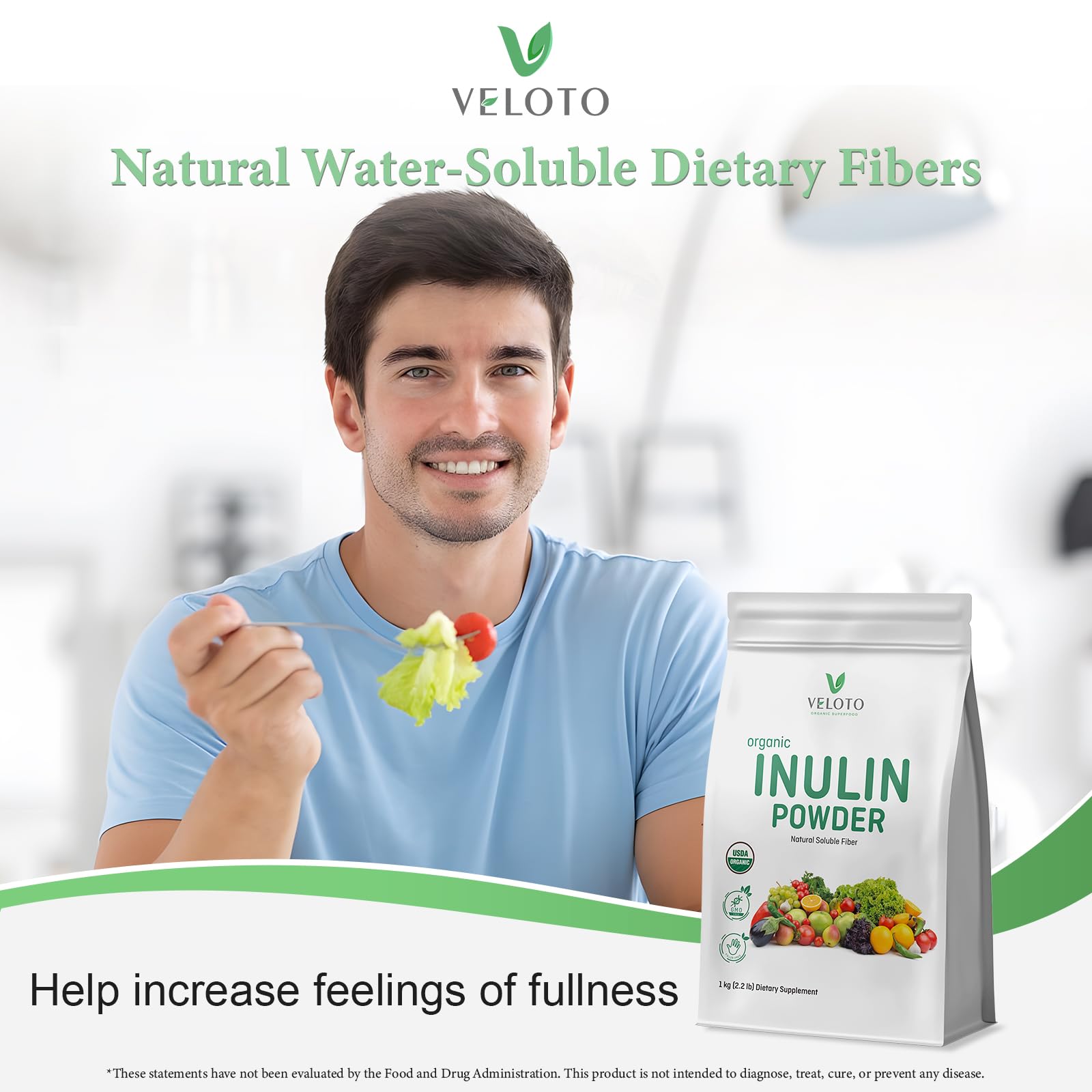 VELOTO Organic Inulin Powder – Prebiotic Fiber Supplement for Smoothies & Drinks, 2.2 lb, Flavorless, Water Soluble, Vegan & Non-GMO