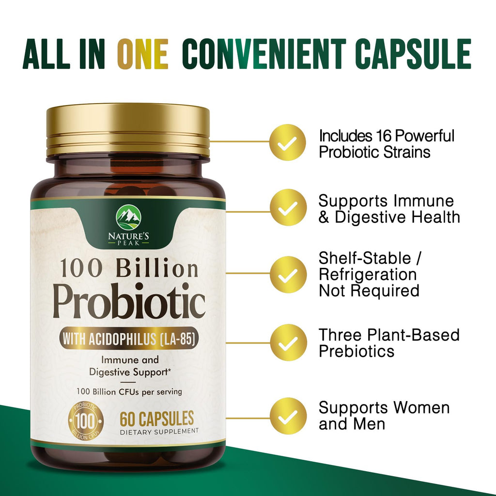 Probiotics 100 Billion CFU Per Serving - 16 Premium Probiotic Strains Prebiotics - Immune Support, Gut Health, Occasional Constipation, Gas & Bloating, Probiotics Supplement, USA Bottled, 60 Capsules Nature's Peak Au supplements