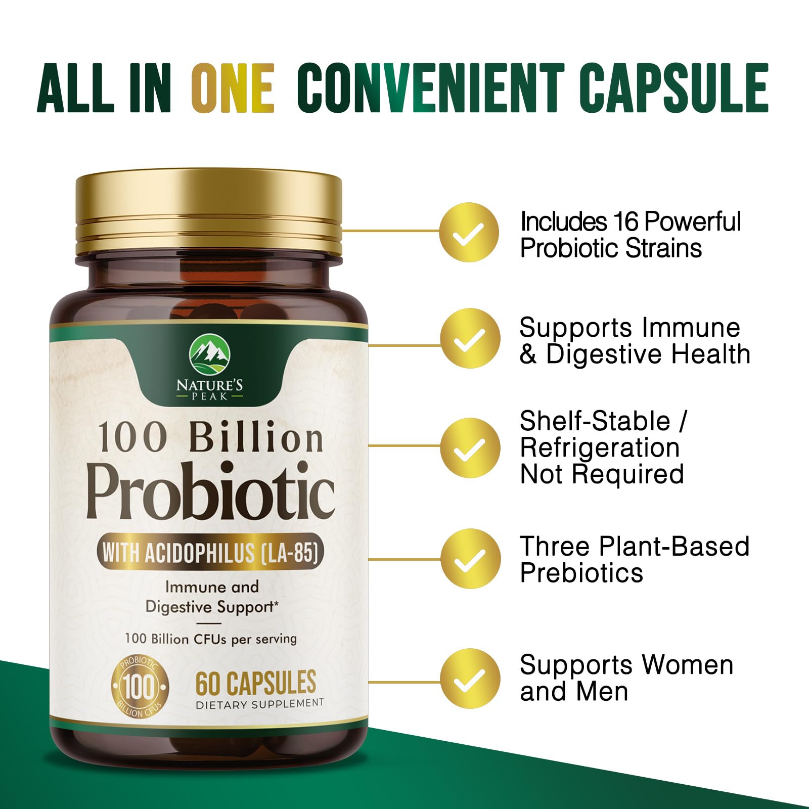 Probiotics 100 Billion CFU Per Serving - 16 Premium Probiotic Strains Prebiotics - Immune Support, Gut Health, Occasional Constipation, Gas & Bloating, Probiotics Supplement, USA Bottled, 60 Capsules Nature's Peak Au supplements