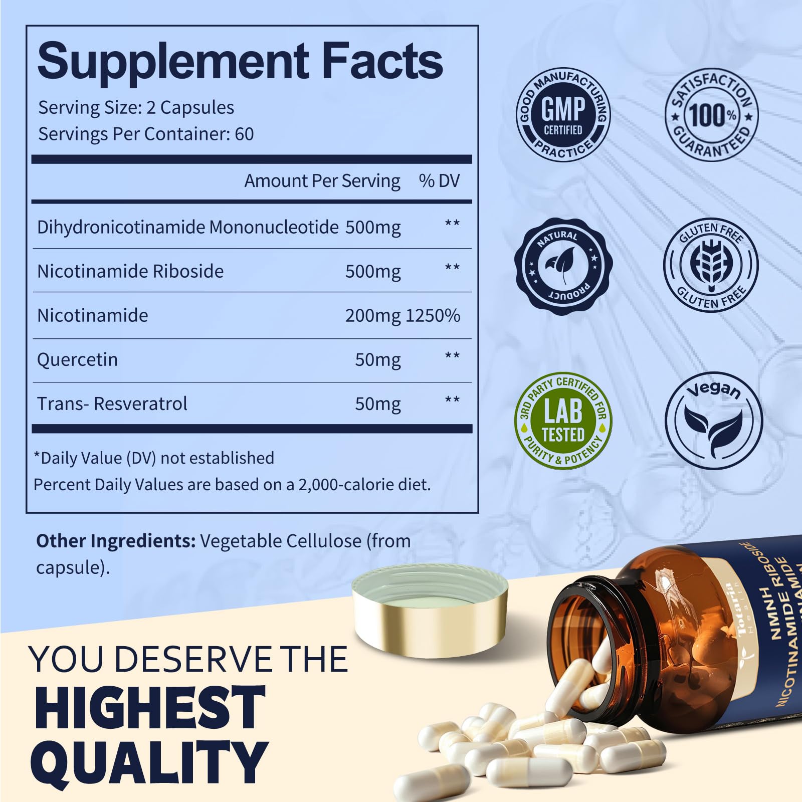 Totaria NMNH 500mg (Dihydronicotinamide Mononucleotide), Premium NMN Alternative Supplement w/Niacinamide (Vitamin B3), Quercetin, Trans-Resveratrol, for NAD+, Skin Cell, Anti-Aging & Energy, 120 Ct Totaria Au supplements
