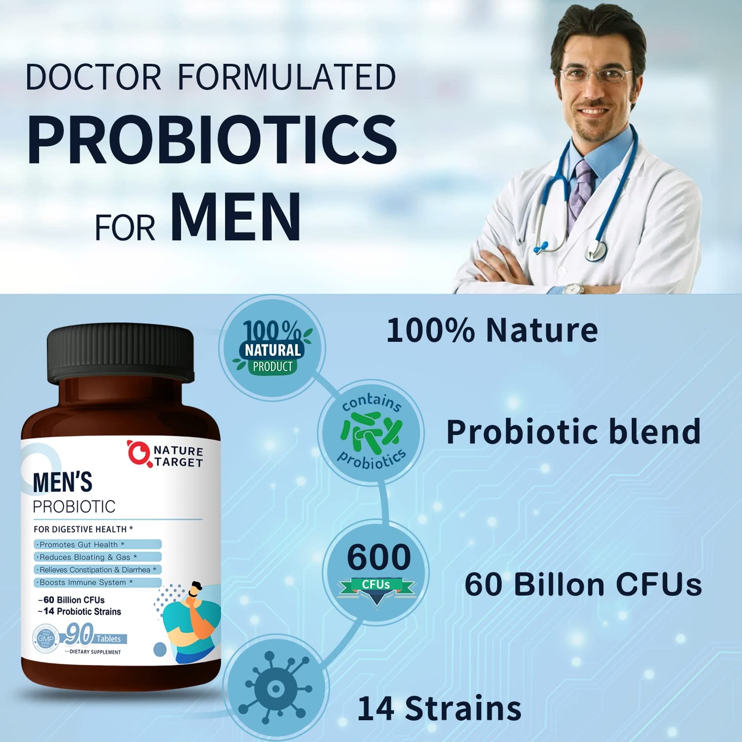 NATURE TARGET Probiotics for Men with Men Care Supplement, Prebiotics & Probiotic for Men's Digestive and Immune Health,60 Billion CFUs & 14 Strains Shelf Stable,