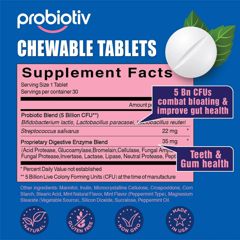 Probiotiv Chewable Probiotics for Daily Bloating w/ 5 Billion CFU – “Two-in-One Combo” Probiotiv Au supplements