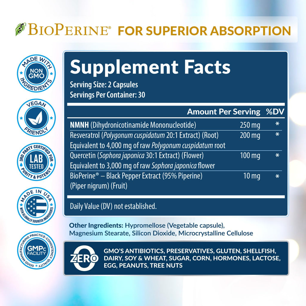 NMNH Supplement (NMN Alternative) NAD Booster for Anti-Aging, Cellular Energy & Nice Skin- Dihydronicotinamide mononucleotide, Resveratrol, Quercetin & BioPerine® for Max Absorption- 60 caps Rainbow Nutrients, LLC Au supplements