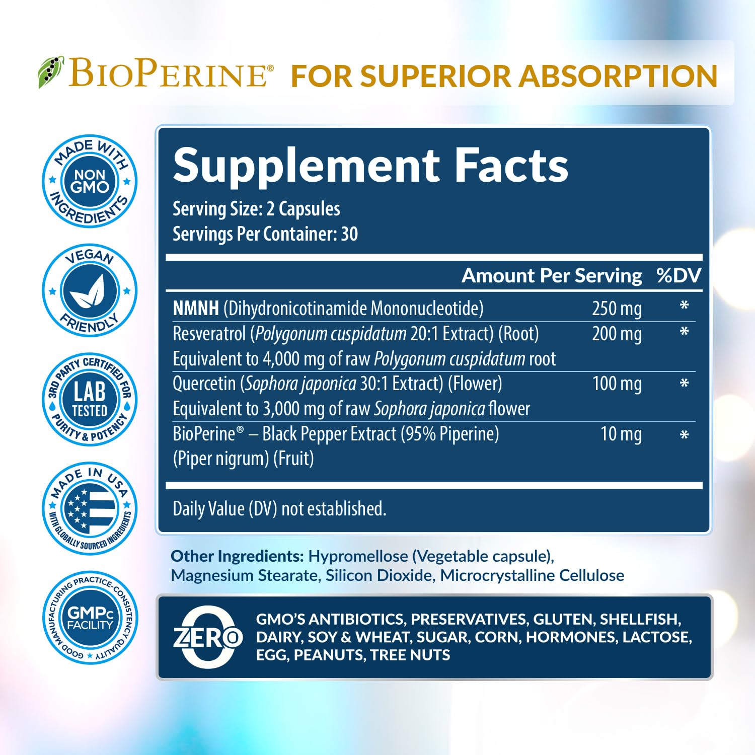 NMNH Supplement (NMN Alternative) NAD Booster for Anti-Aging, Cellular Energy & Nice Skin- Dihydronicotinamide mononucleotide, Resveratrol, Quercetin & BioPerine® for Max Absorption- 60 caps Rainbow Nutrients, LLC Au supplements