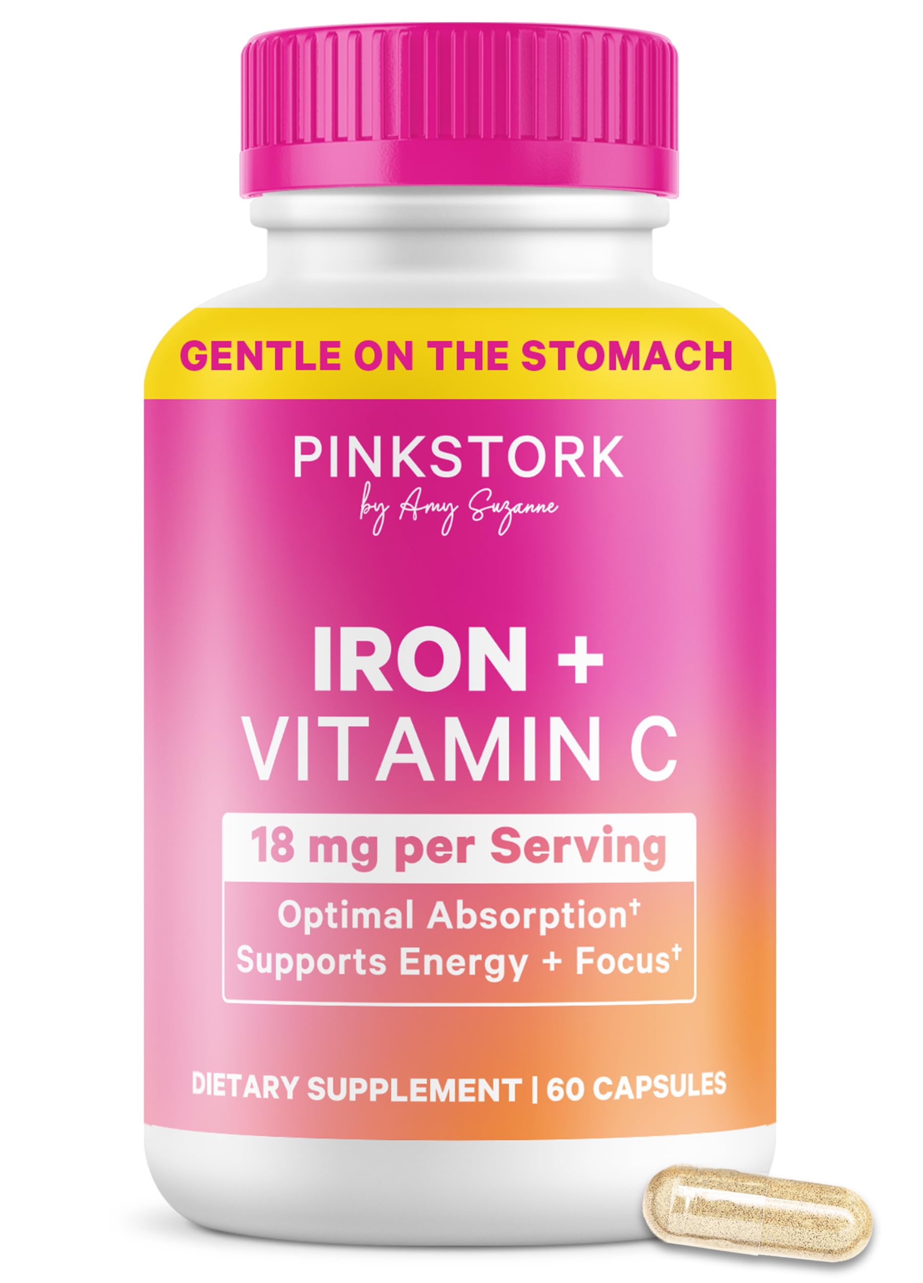 Pink Stork Iron for Women – 18 mg Non-Constipating Iron Bisglycinate + Vitamin C for Optimal Absorption – Energy, Focus, & Oxygen Supply – PMS, Pregnancy, Postpartum & Perimenopause - 60 Capsules Pink Stork Au supplements