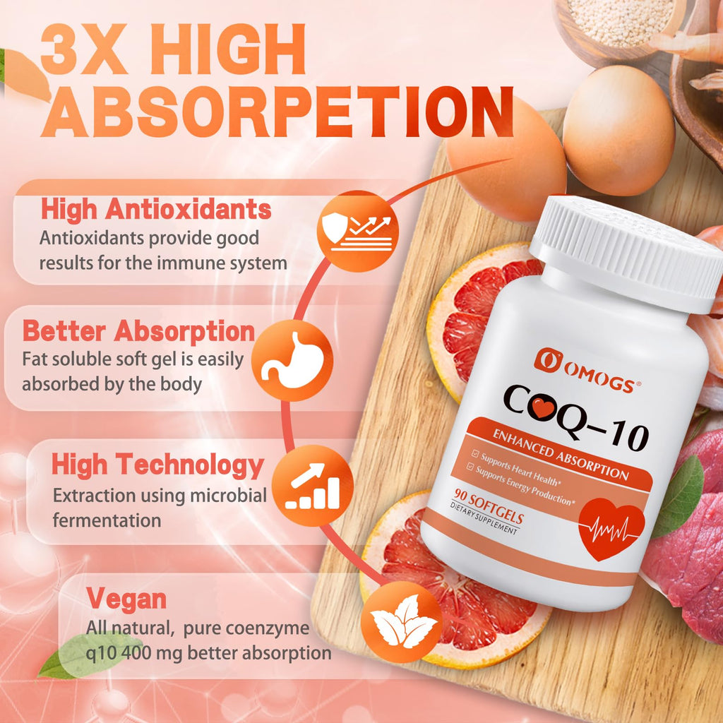 OMOGS CoQ10 400mg Softgels, Coenzyme Q10 High Absorption Supplements Support Heart Health, Cardiovascular Health, Immune System