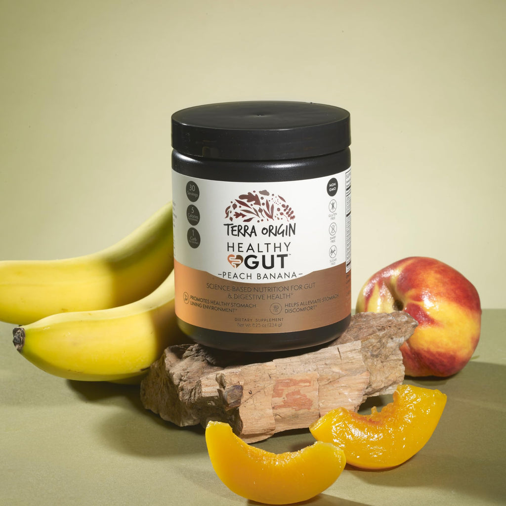 TERRA ORIGIN Healthy Gut Peach Banana | 30-Servings with L-Glutamine, Zinc, Glucosamine, Slippery Elm Bark, Marshmallow Root and More!