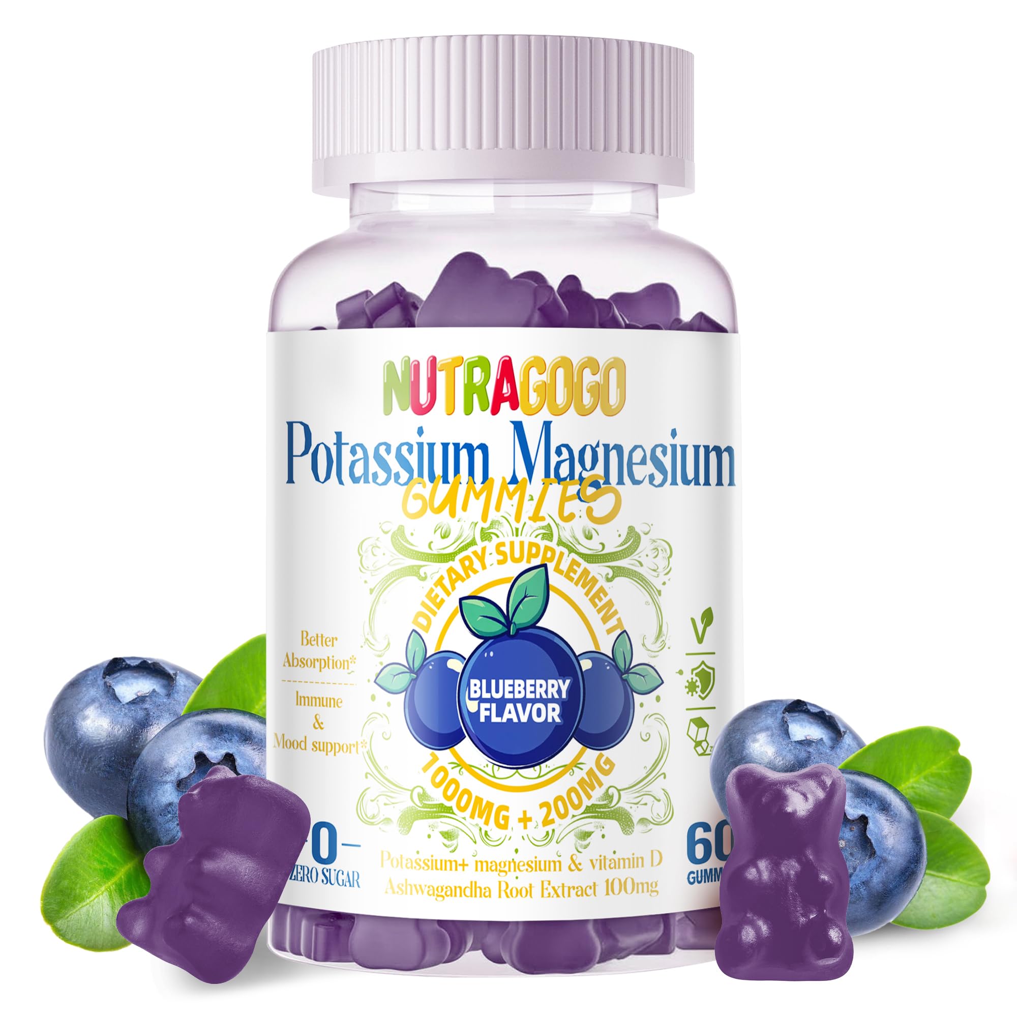 Potassium Magnesium Gummies,Potassium Supplement w/Ashwagandha,High Absorption Magnesium Glycinate,B6,D3,Potassium Citrate for Leg Cramps,Muscle,Electroyte for Adults Kids,Sugar-Free, 60 Gummies NUTRAGOGO Au supplements