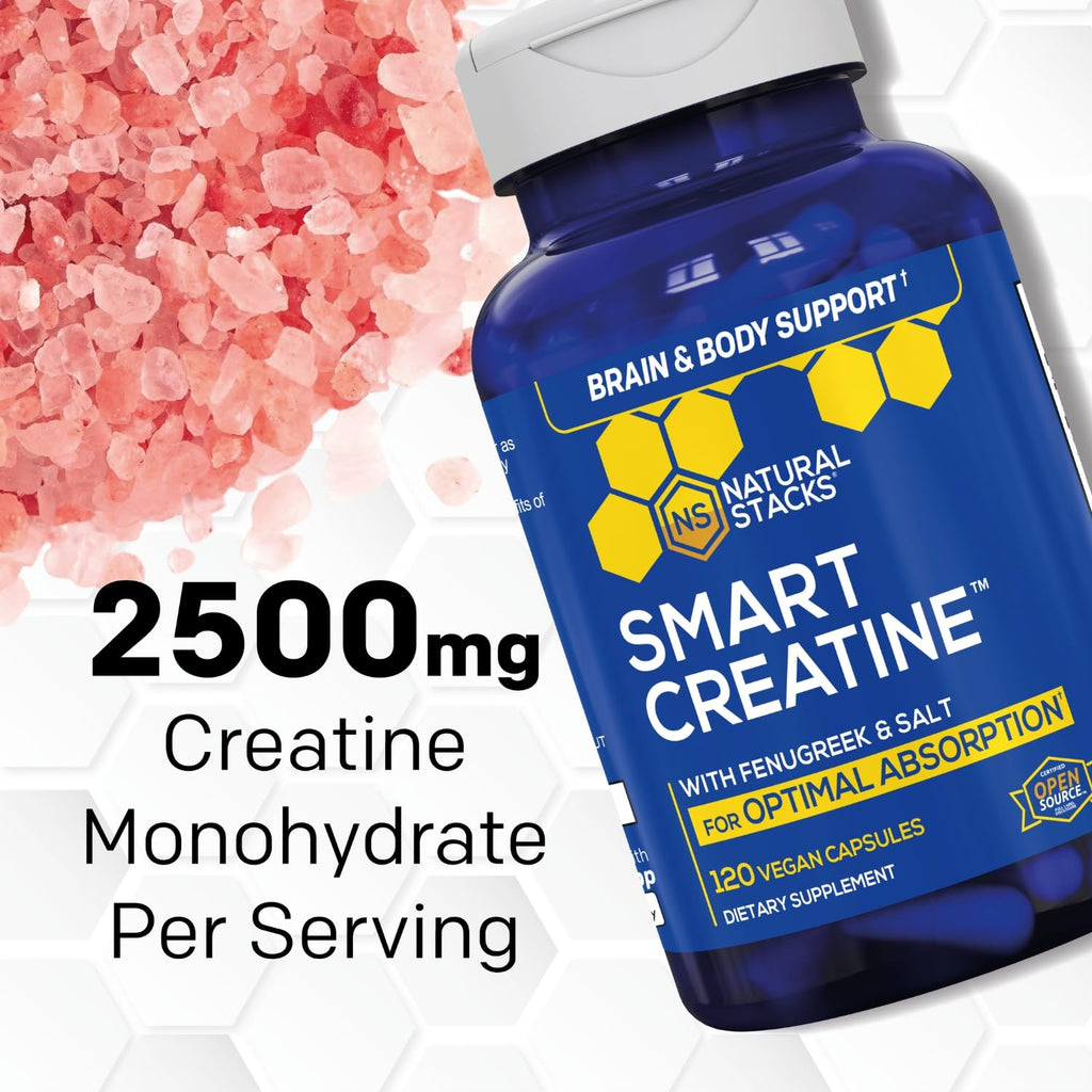 Creatine Monohydrate - 2500mg Creatine Pills - 450mg Fenugreek Extract & 250mg Himalayan Pink Salt - Supports Brain Health, Endurance & Muscle Building - Advanced Absorption Formula - 120 Capsules NATURAL STACKS Au supplements