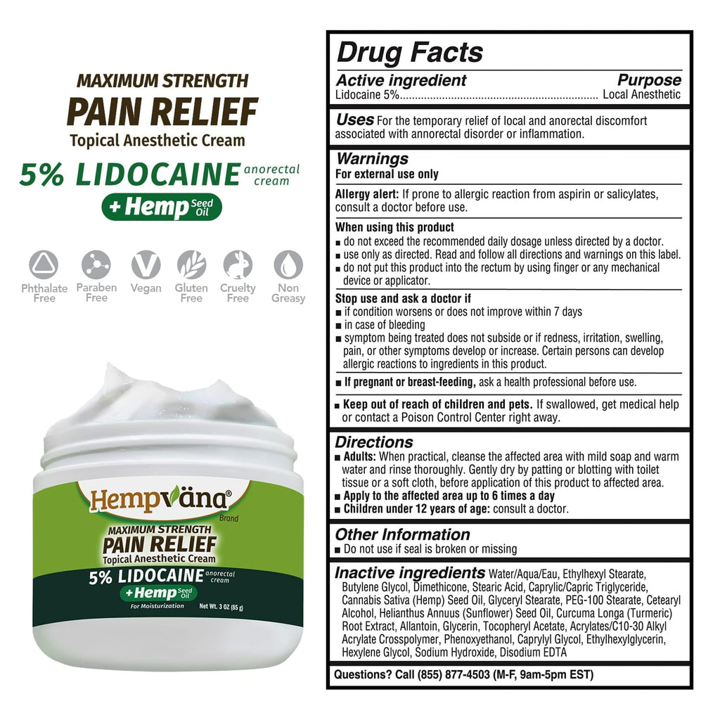 Hempvana 5% Lidocaine Relief Cream, Maximum Strength, AS-SEEN-ON-TV, Strong Cream, Numbs Irritated Nerves for Fast Anorectal Relief, Non-Greasy, Targeted Long-Lasting Relief. Enriched with Hemp, 3 Oz Hempvana Au supplements