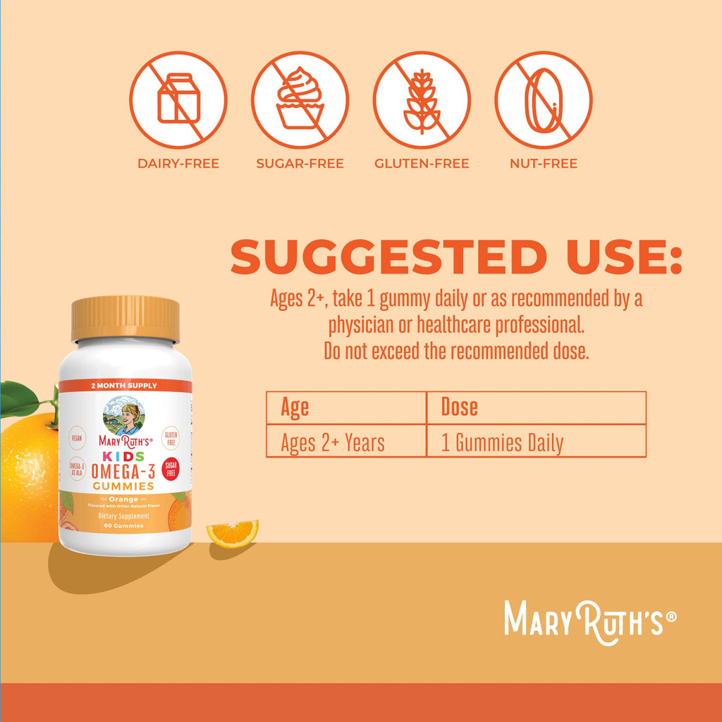 MARYRUTH'S Vegan Omega 3 Gummies for Kids 2+, 2 Month Supply, Sugar Free, Omega 3 Supplement with Vitamin C, Flaxseed Oil, Immune Support