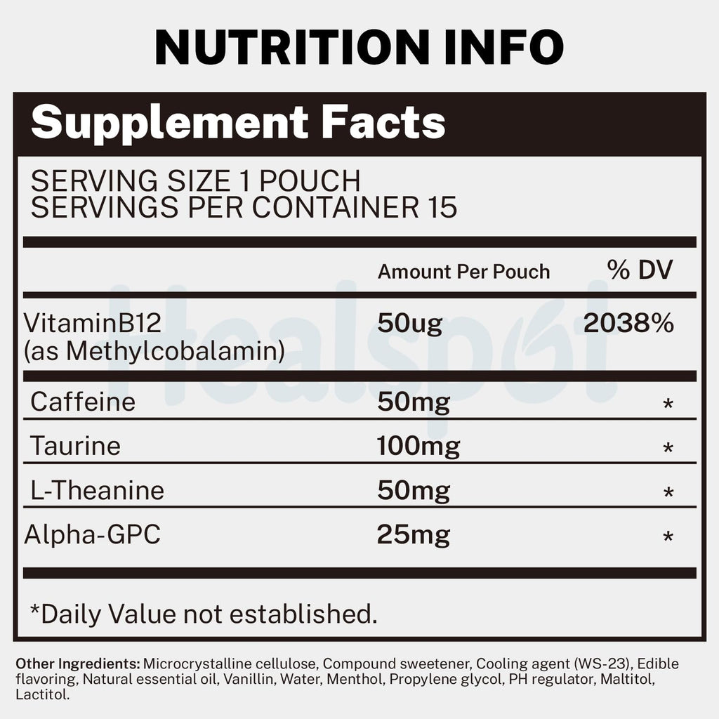 Healspot Nootropic Caffeine Pouches, Energy Pouches with 50mg Caffeine | Taurine | Vitamin B12 | Alpha-GPC | L-Theanine, Focus and Energy Supplements Variety Packs 5 Flavors Healspot Au supplements