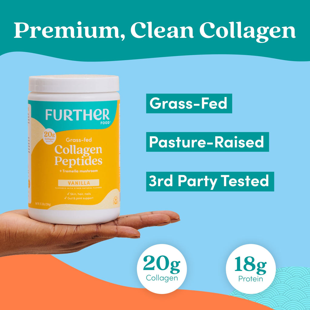 Further Food Vanilla Collagen Peptides Powder with Tremella Mushroom – 100% Grass-Fed, Hydrolyzed Type 1 & 3, 20g of Collagen per Serving, Supports Skin, Hair, Nails & Joints, 22.22 Oz Further Food Au supplements