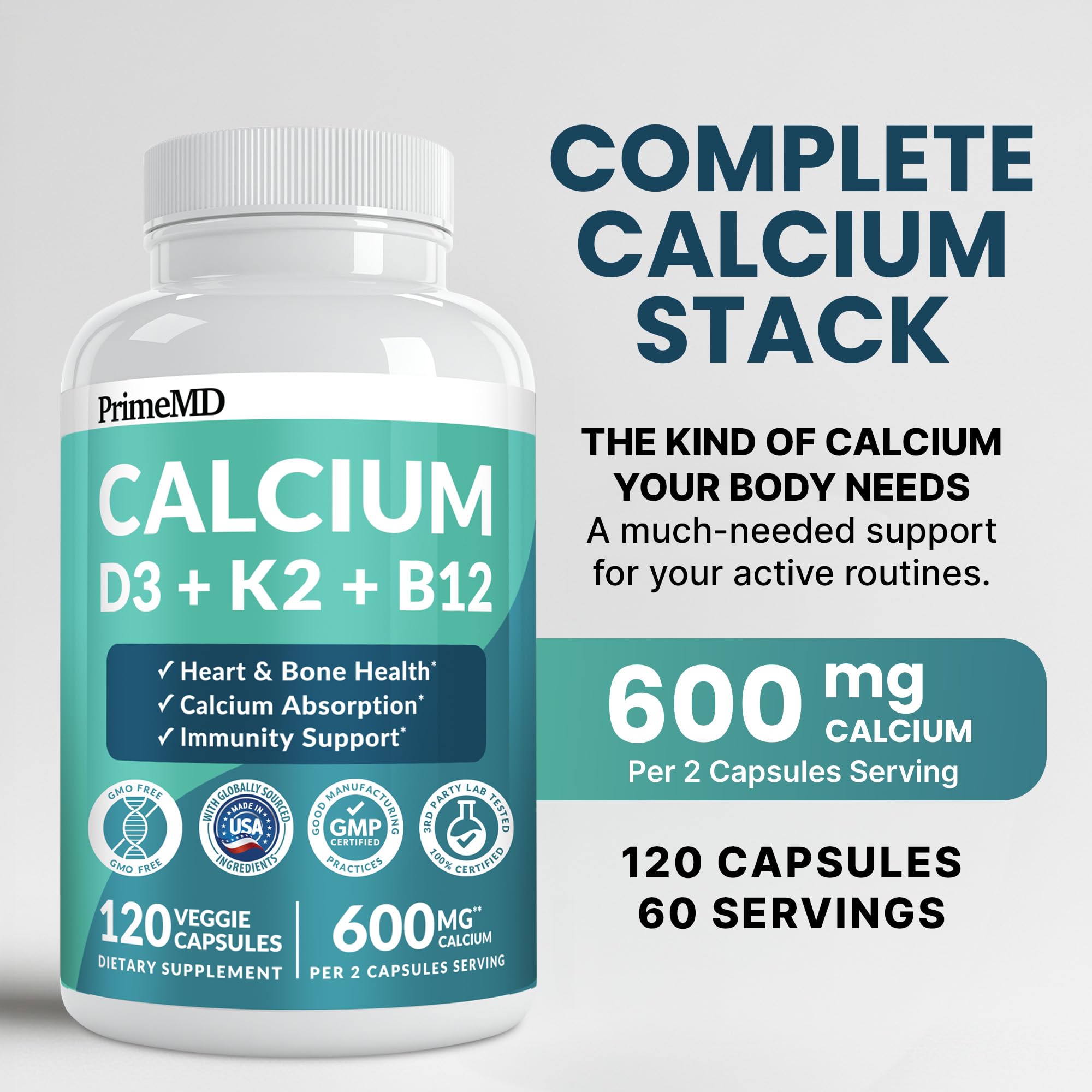 4-in-1 Calcium Supplements for Women & Men - Calcium Citrate with D3 K2 Vitamin 5000 IU - Calcium 600mg with Vitamin D3 K2 - Everyday Vitality Supplement -