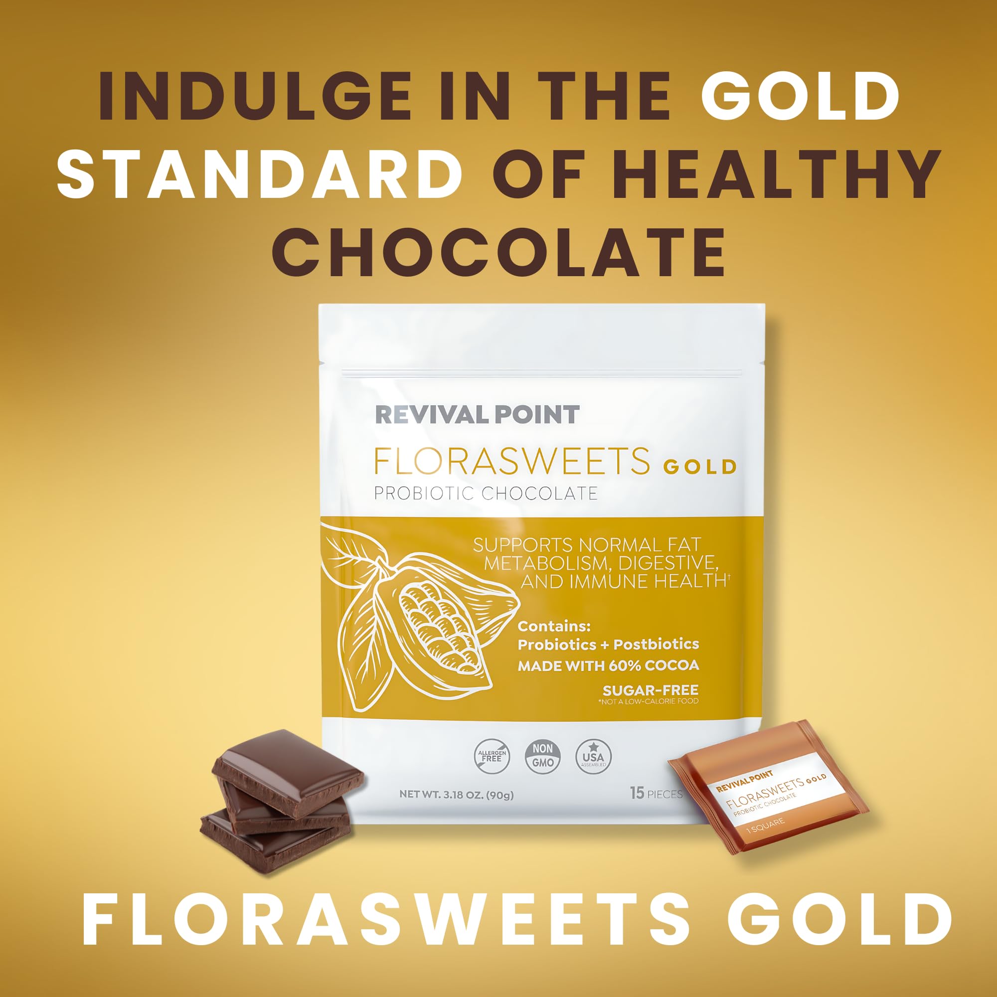 Revival Point Florasweets Gold Chocolate Bites with Probiotic + Postbiotic Stains DE111 & BPL1 - Indivally Wrapped - Supports Digestive & Gut Health Bacillus subtilis (1) Revival Point Au supplements
