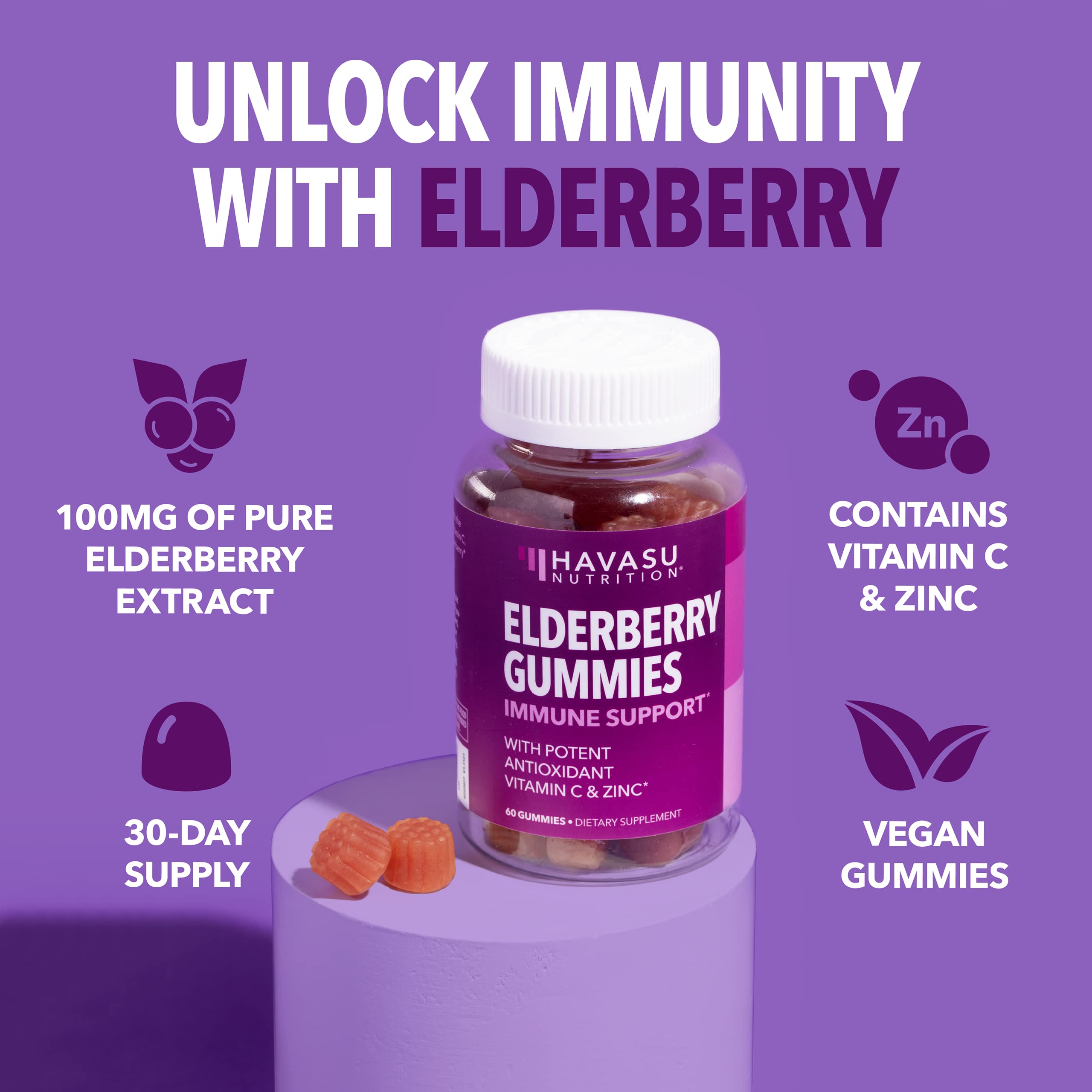 Sambucus Elderberry Gummies for Adults - Immune Support Supplement with Vitamin C and Zinc - Enhanced Formula for Daily Defense - 60 Count