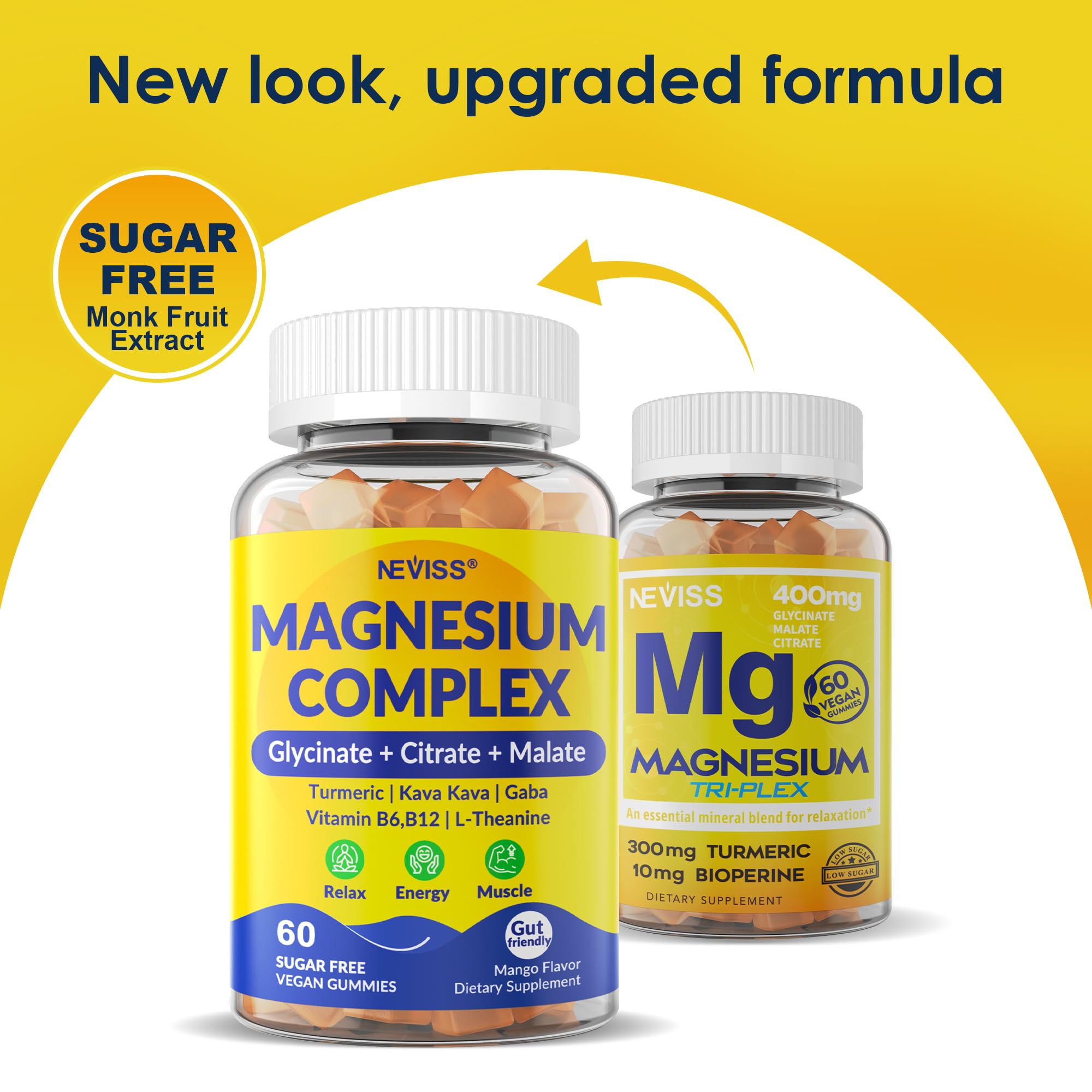 Magnesium Complex Gummies 400mg, Magneisum Glycinate Citrate Malate + Turmeric, GABA, B6 B12, Kava Kava, L-Theanine for Sleep, Calm, Relaxation, Energy