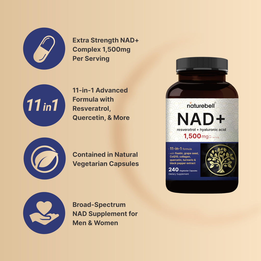 NatureBell NAD+ Complex 1,500mg Per Serving, 240 Veggie Capsules | NMN Supplement Alternative | NAD Plus Resveratrol, Hyaluronic Acid, Quercetin, Fisetin, Collagen, & More – Non-GMO NatureBell Au supplements