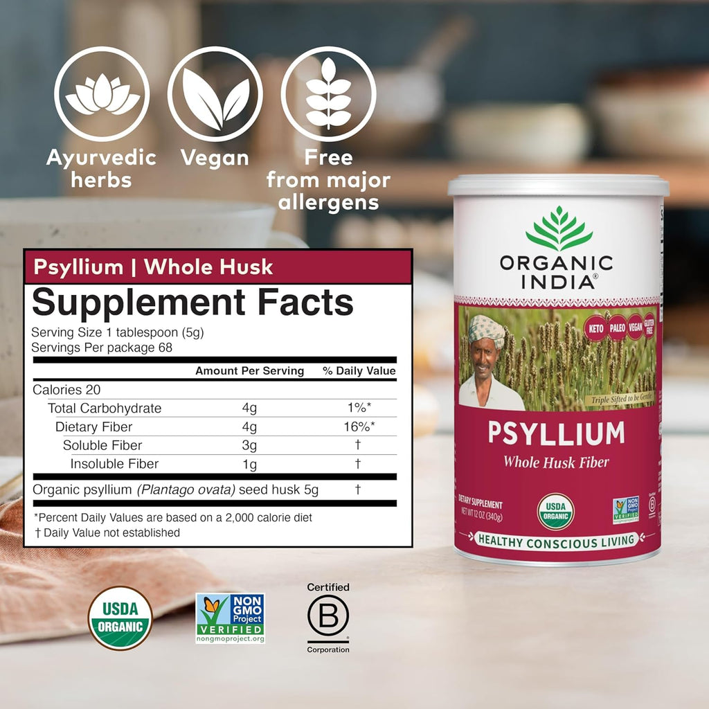 ORGANIC INDIA Psyllium Herbal Powder - Whole Husk Fiber, Vegan, Gluten-Free, USDA Certified Organic, Non-GM