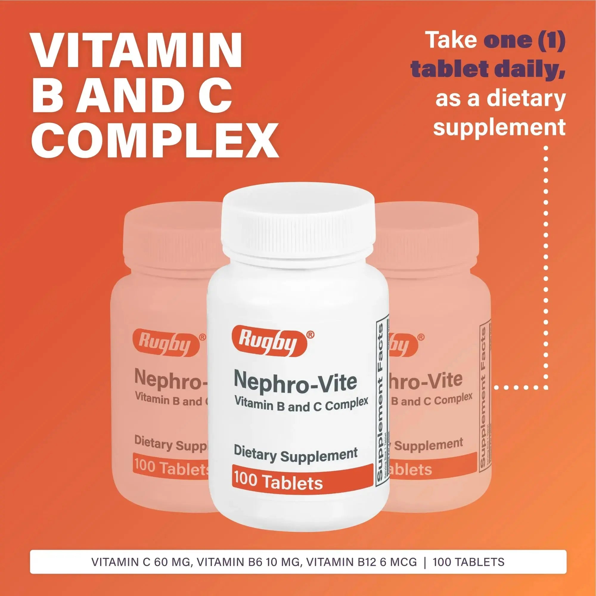 Rugby Nephro-Vite Vitamin B and C Complex Tablets - Dietary Supplement - 100 Count (1 Pack) RUGBY LABORATORIES Au supplements