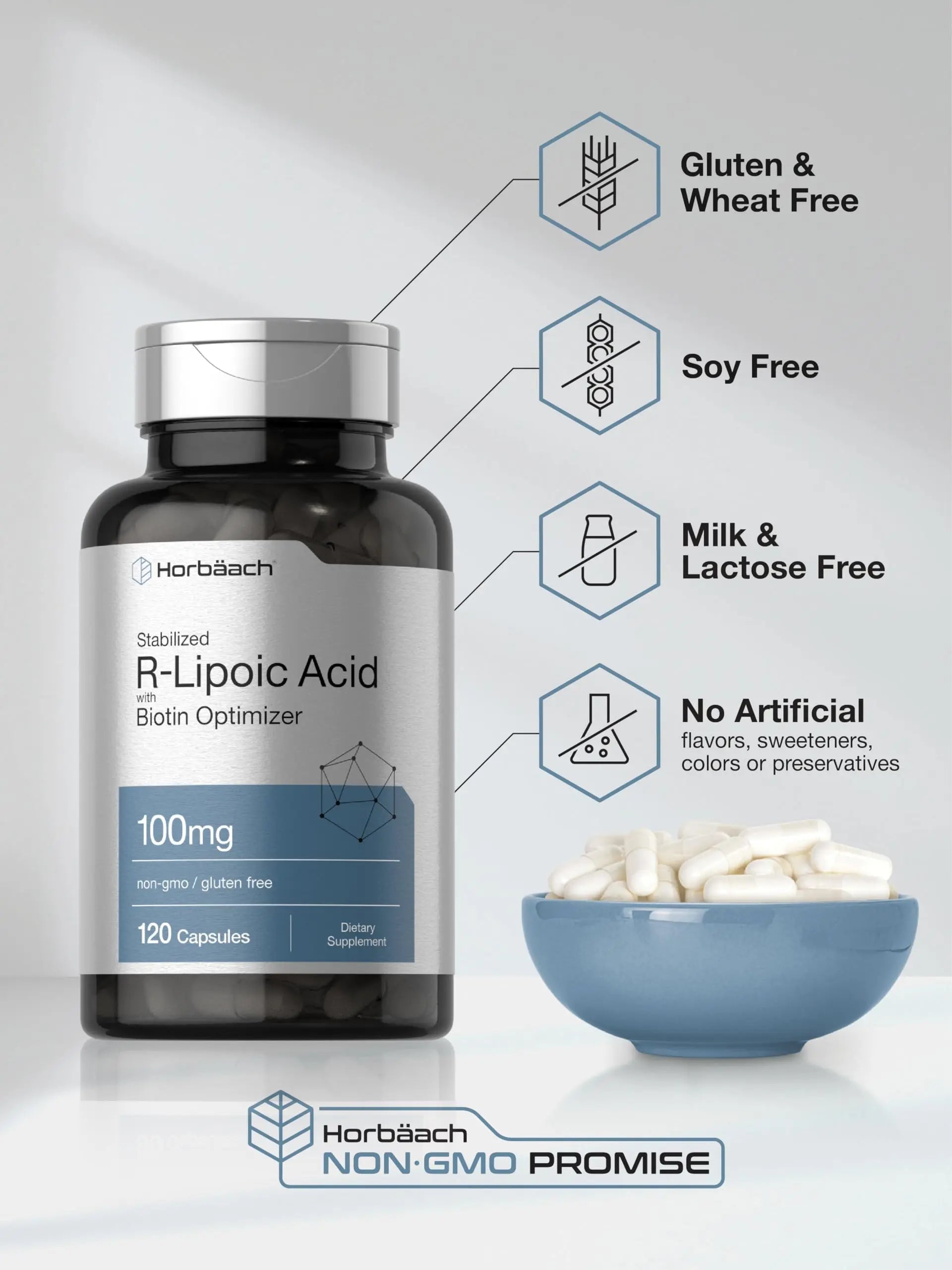 R-Lipoic Acid 100 mg | 120 Capsules | with Biotin Optimizer | Non-GMO, Gluten Free Horbäach Au supplements